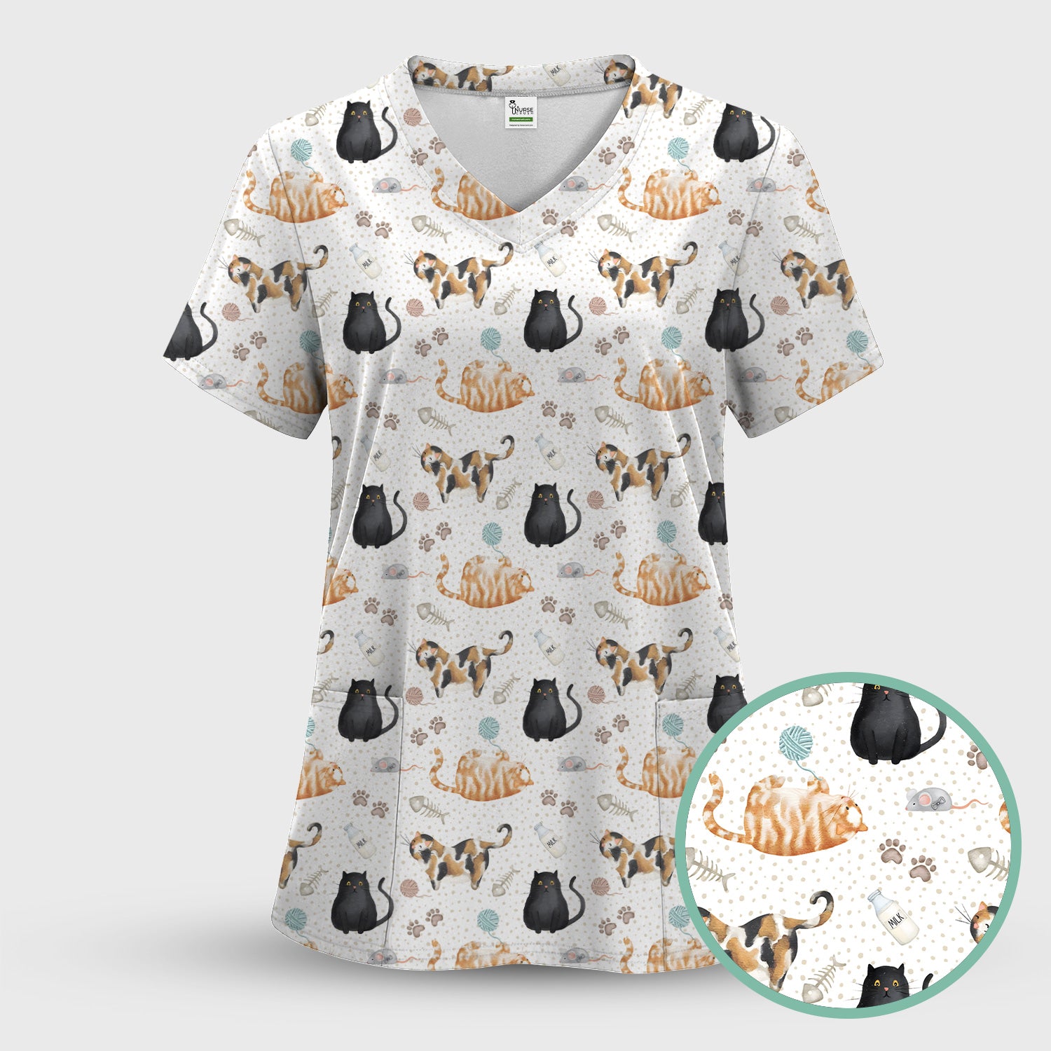 Cute Cat Yarn Paw Pattern Scrub Set, Scrub Pants and V Neck Top
