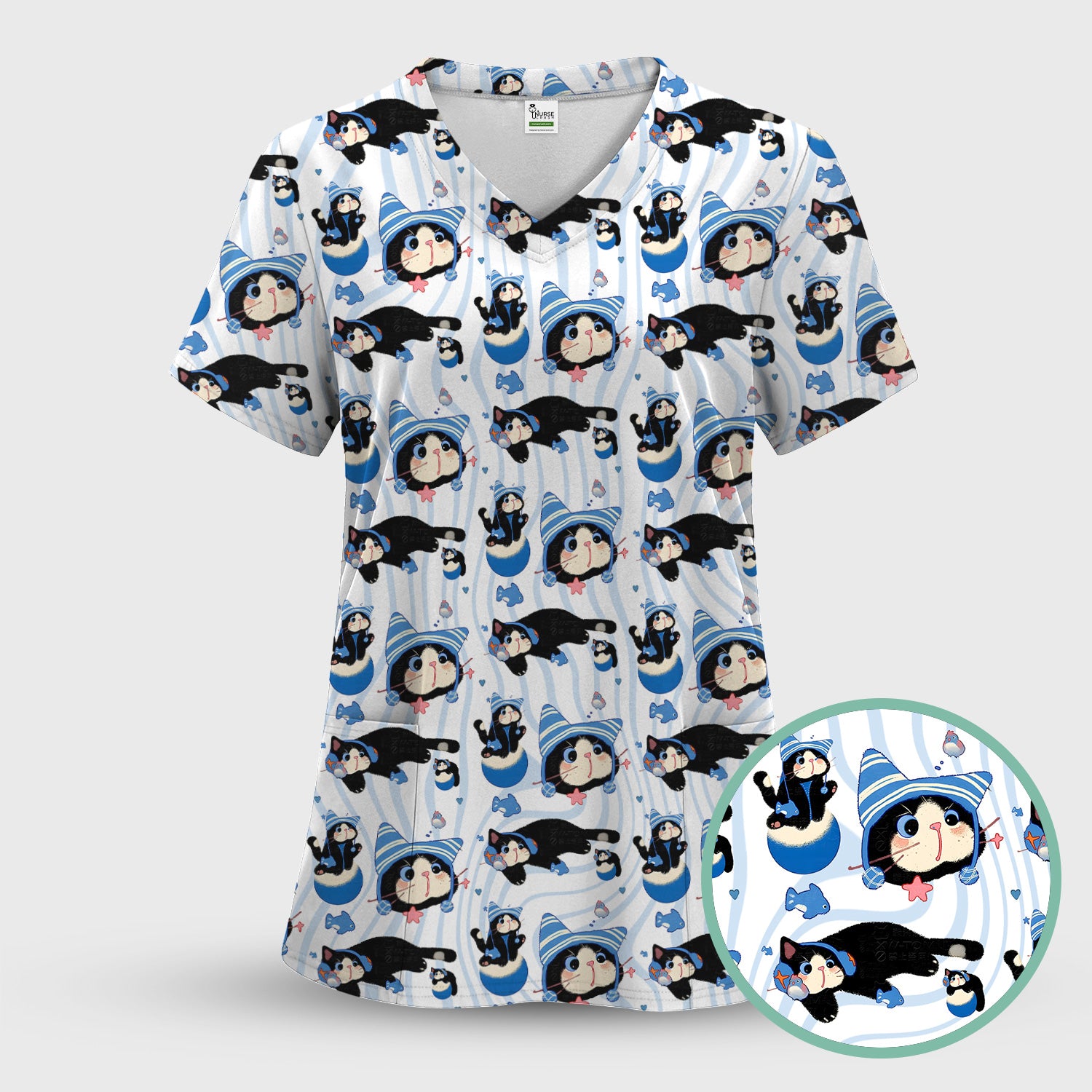 Charming Kitten Fish Pattern Scrub Set, Scrub Pants and V Neck Top