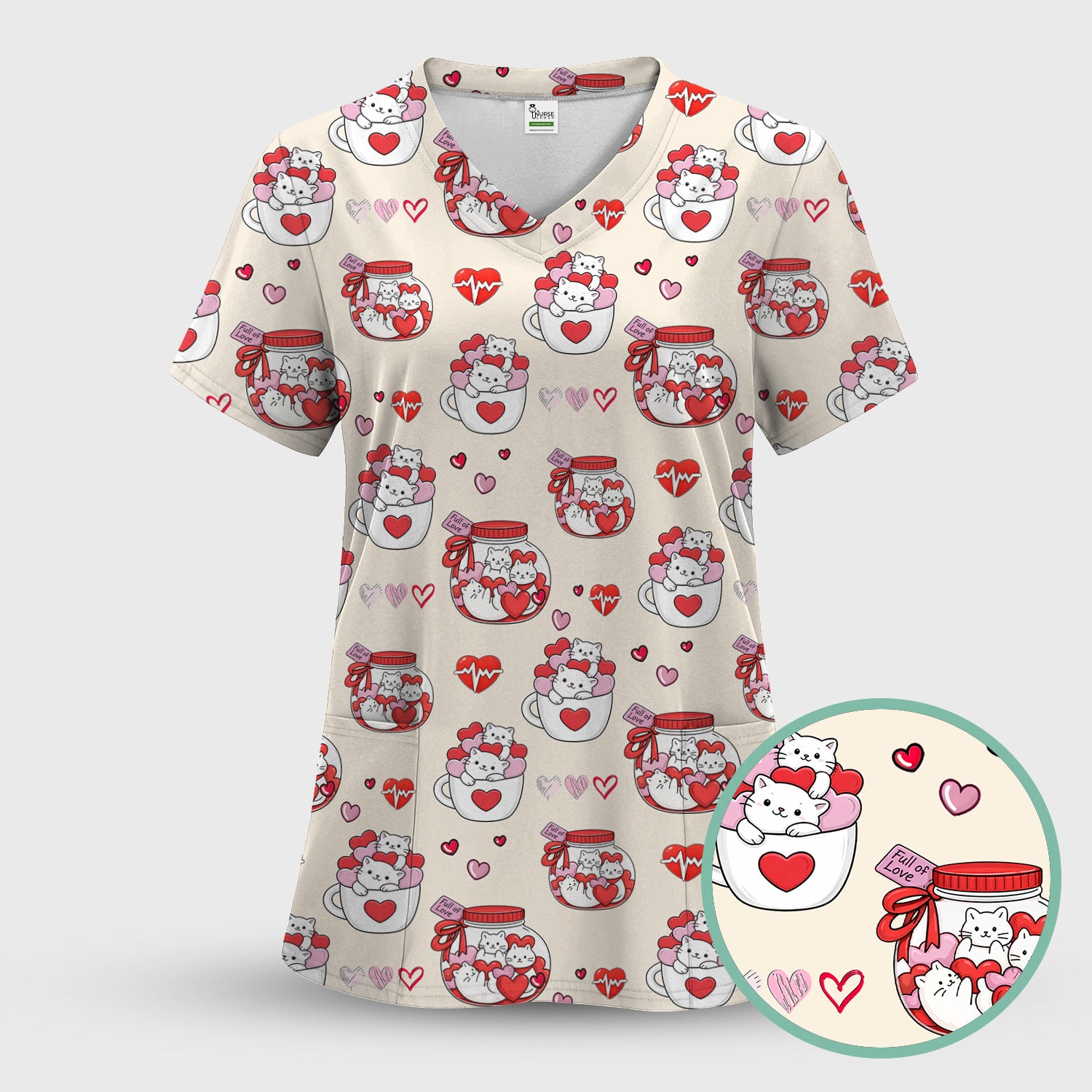 Cute Cat Valentine Nurse Scrub Top, Comfortable Scrubs for Nurses
