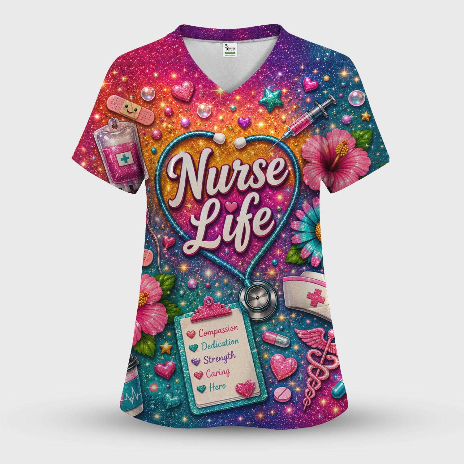 Colorful Nurse Life Heart Pattern Scrub Set, Scrub Pants and V Neck Top
