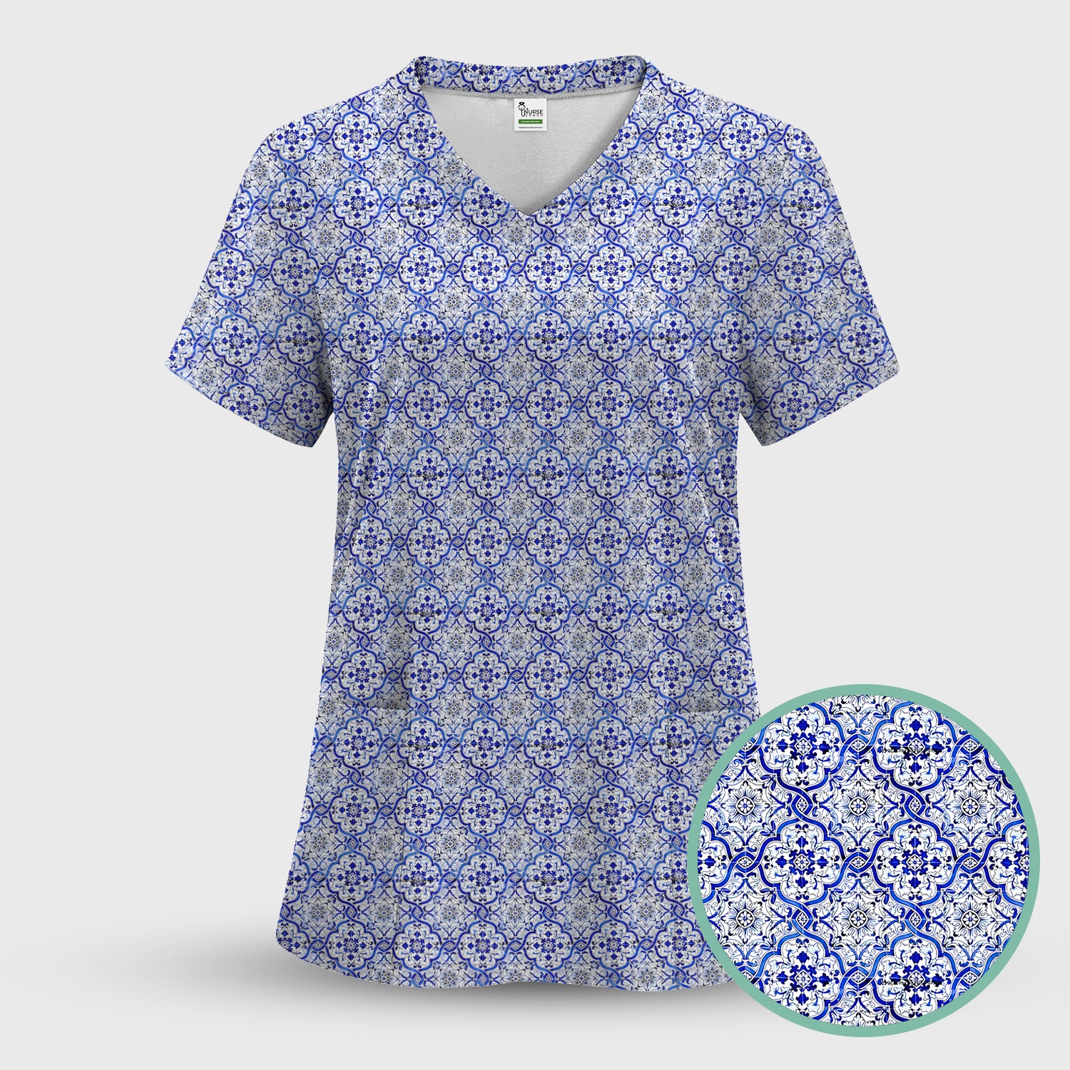 Blue Vintage Tile Floral Pattern Scrub Top, Breathable Fabrics Nursing Uniform