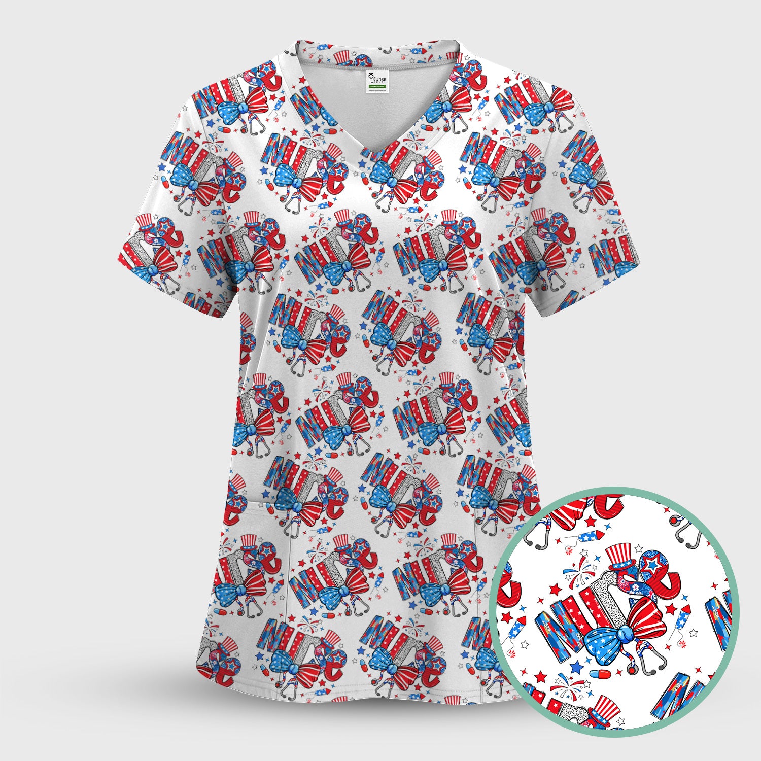 USA Nurse Stethoscope Patriotic Bow Hat Pattern Scrub Sets, Scrub Pants and V Neck Top