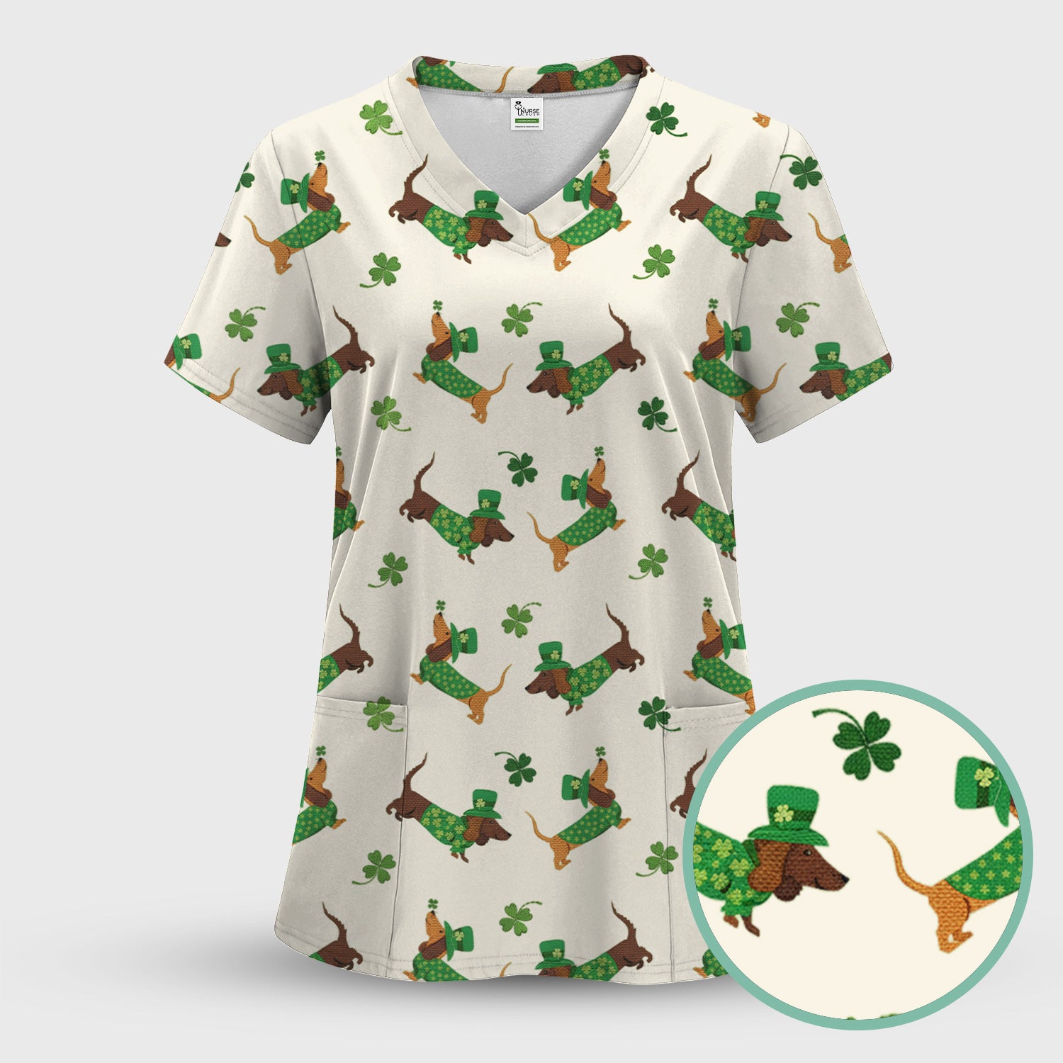 St. Patrick’s Day Dachshund Scrub Top, Funny Wiener Dog Nurse Shirt, Breathable Fabrics Nursing Uniform