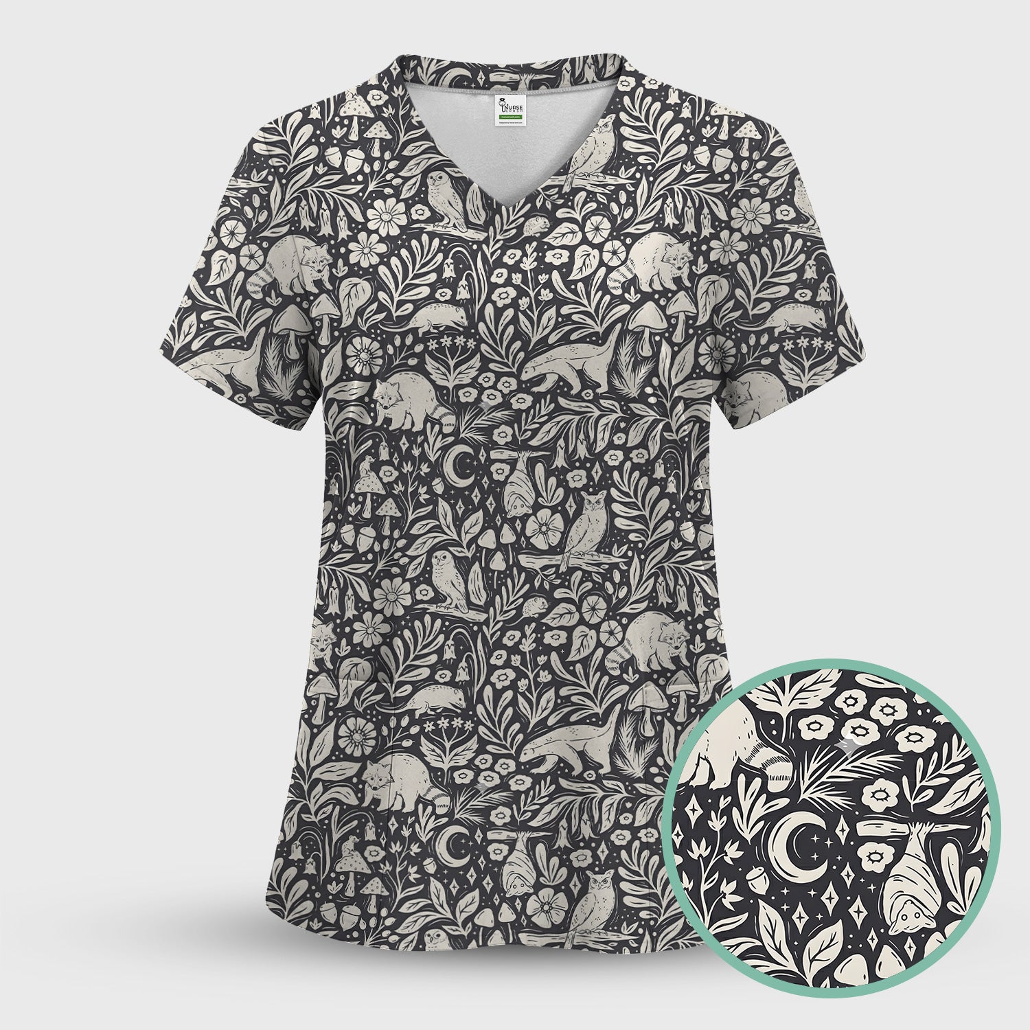 Woodland Animal Forest Pattern Scrub Top, Comfortable Scrubs for Nurses