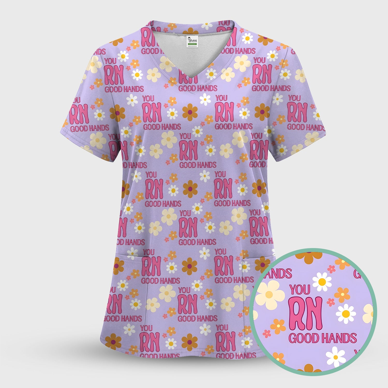 You RN Good Hands Floral Daisy Pattern Scrub Set, Scrub Pants and V Neck Top