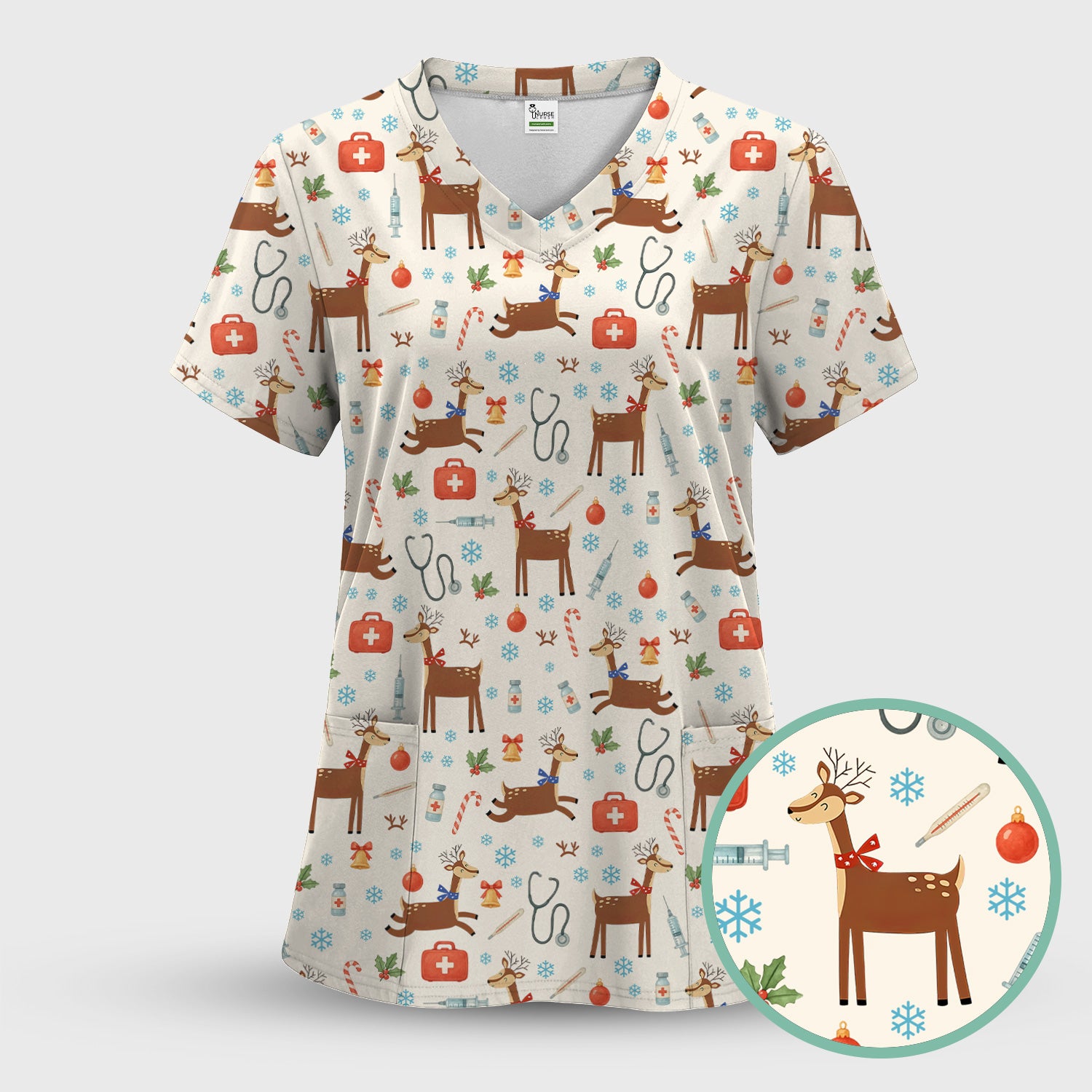 Reindeer Christmas Scrub Set - Snowflakes Candy Canes Holiday Scrubs Pants and V Neck Top - Xmas Gift for Women RN CNA LPN