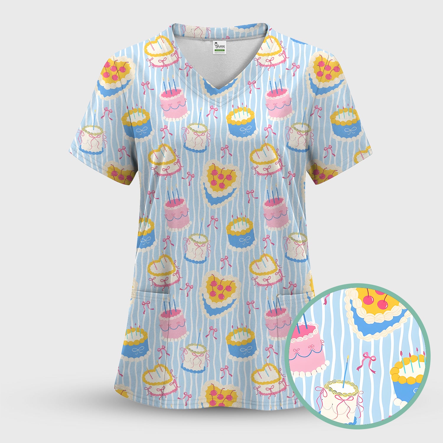 Coquette Cake Bow Stripe Pattern Scrub Set, Scrub Pants and V Neck Top
