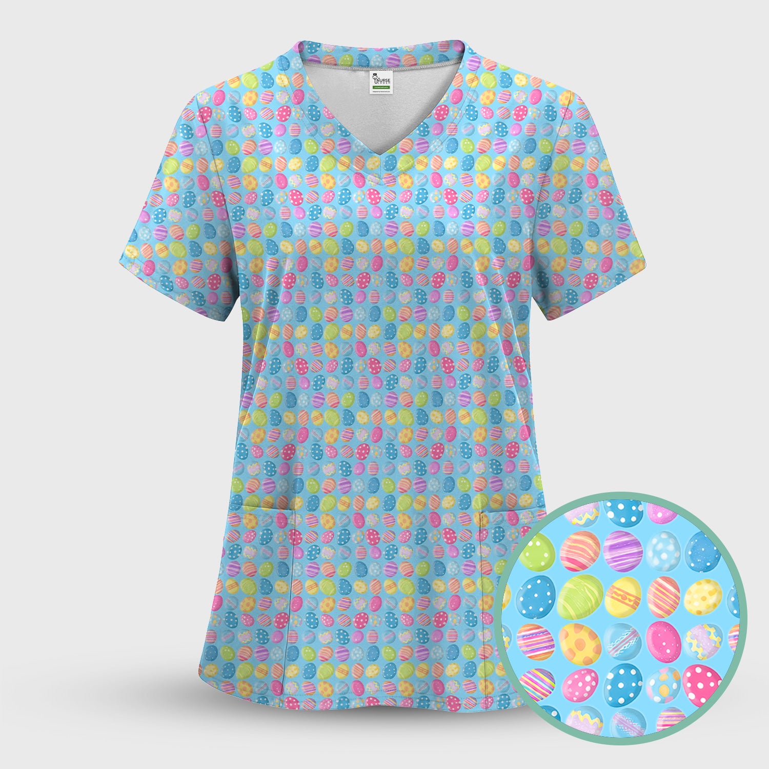Colorful Easter Eggs Pattern Scrub Top, Comfortable Scrubs for Nurses