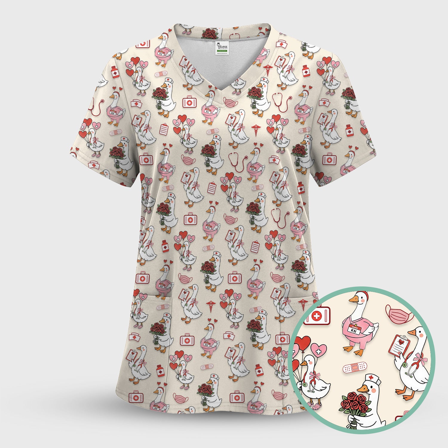 Cute Goose Nurse Medical Pattern Scrub Set, Women's Scrub Sets