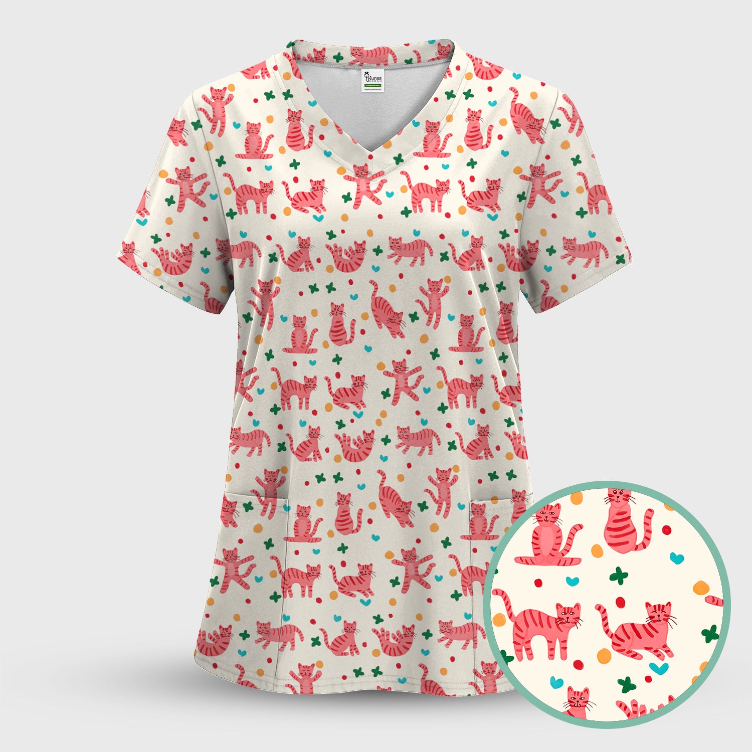 Cute Pink Cat Pattern Scrub Top, Comfortable Scrubs for Nurses