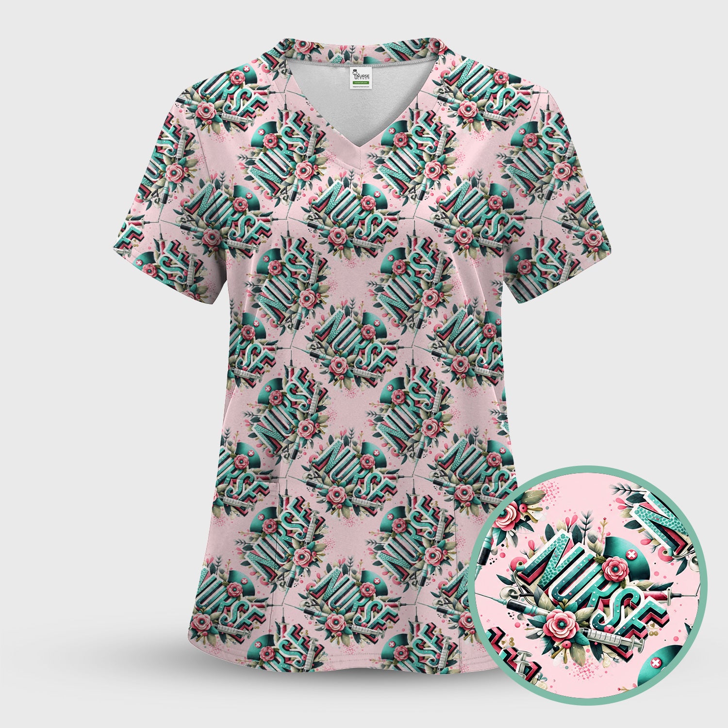 Cute Nurse Typography Floral Medical Pattern Scrub Set, Scrub Pants and V Neck Top