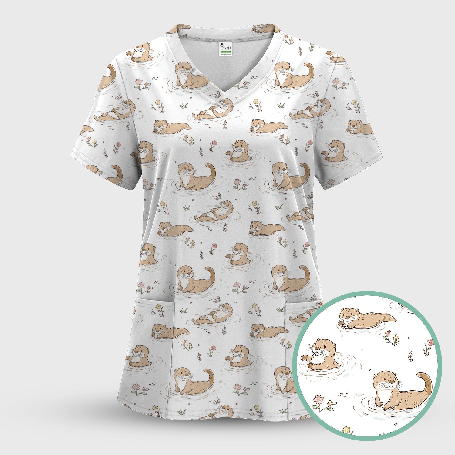 Otter Swimming Floating Water Pattern Scrub Set, Scrub Pants and V Neck Top