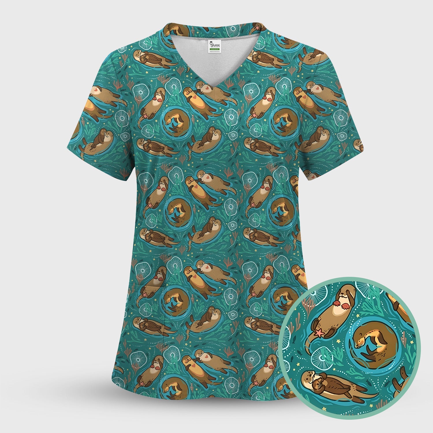 Sea Otter Floating Ocean Pattern Scrub Top, Comfortable Scrubs for Nurses