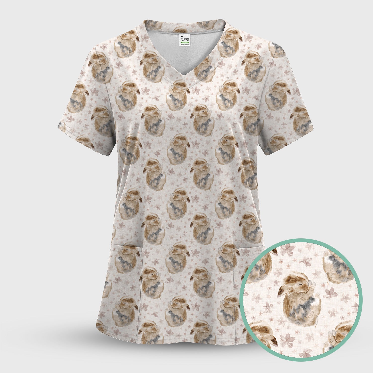 Cute Sleeping Bunny Floral Meadow Pattern Nurse Scrub Set, Scrub Pants and V Neck Top