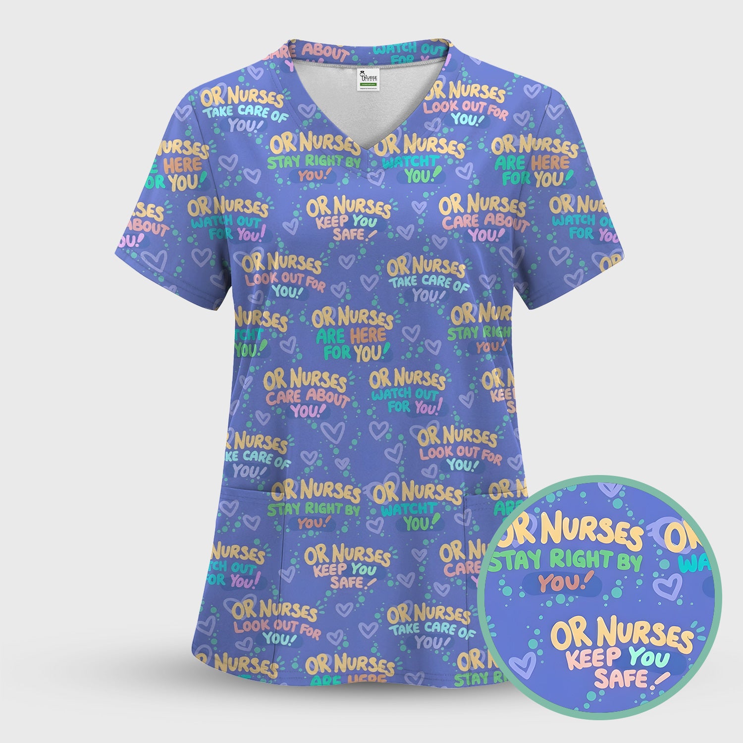 Inspirational Nurse Quote Care Message Pattern Scrub Set, Scrub Pants and V Neck Top