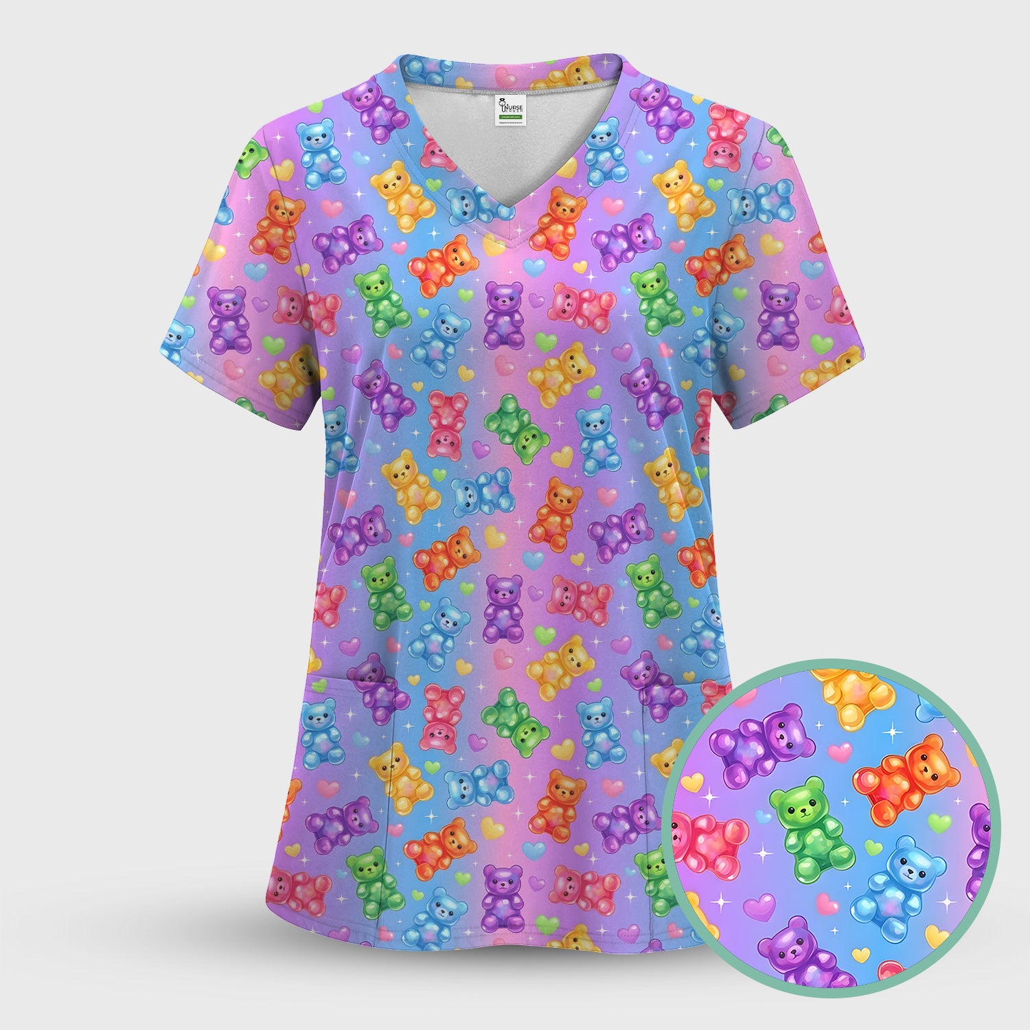 Colorful Gummy Bear Pattern Scrub Top, Breathable Fabrics Nursing Uniform