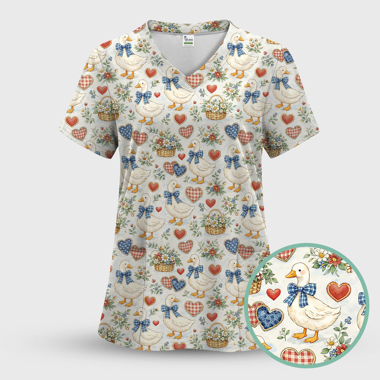 Cute Duck Heart Floral Nurse Pattern Scrub Top, Comfortable Scrubs for Nurses