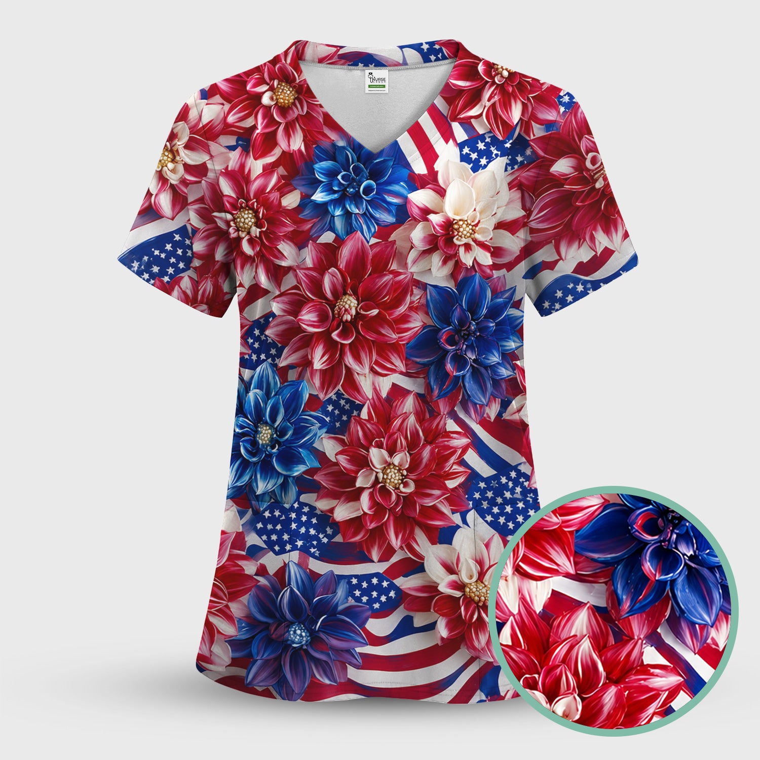 Festive Patriotic Floral Flag Pattern Scrub Set, Scrub Pants and V Neck Top
