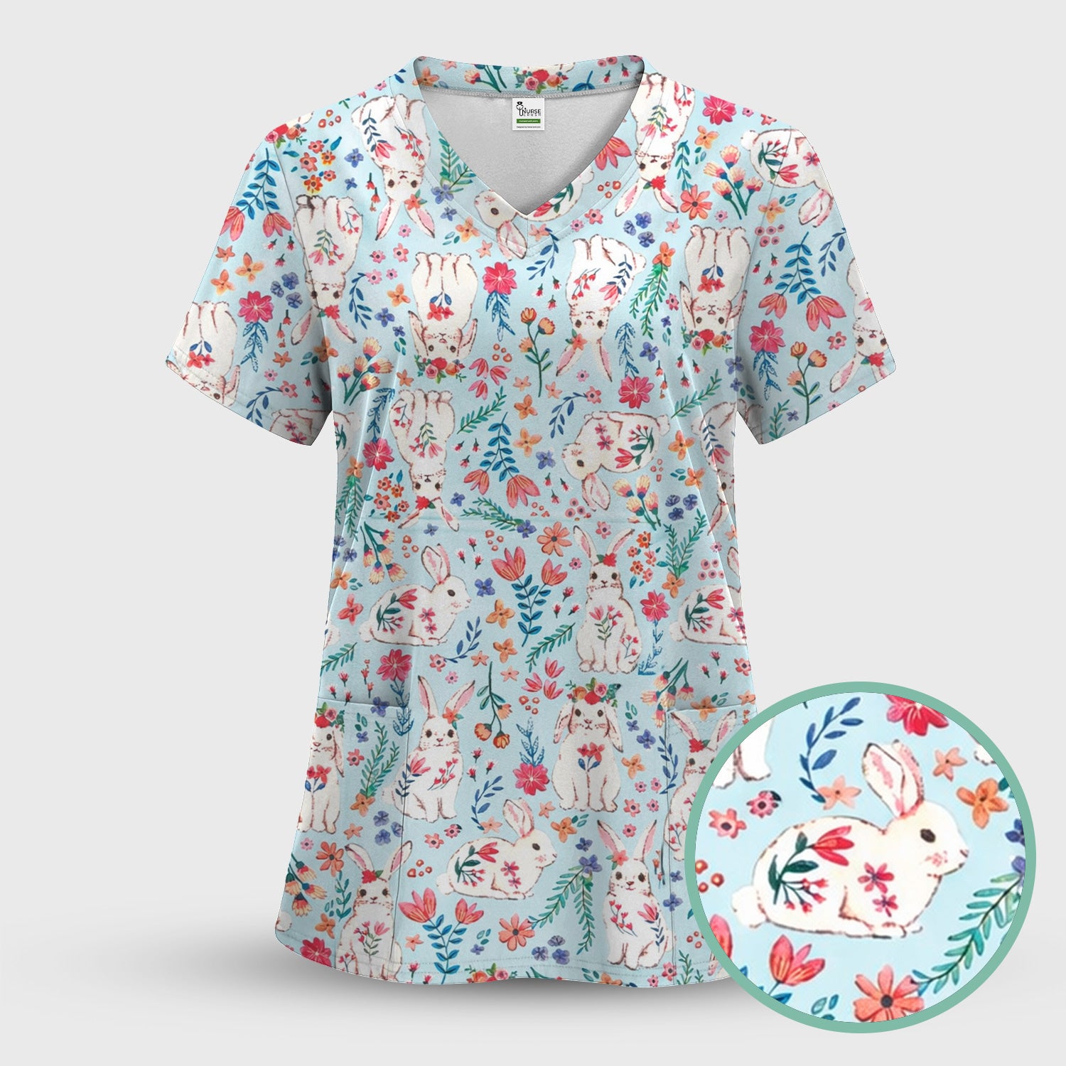 Springtime Bunny Floral Pattern Scrub Set, Scrub Pants and V Neck Top