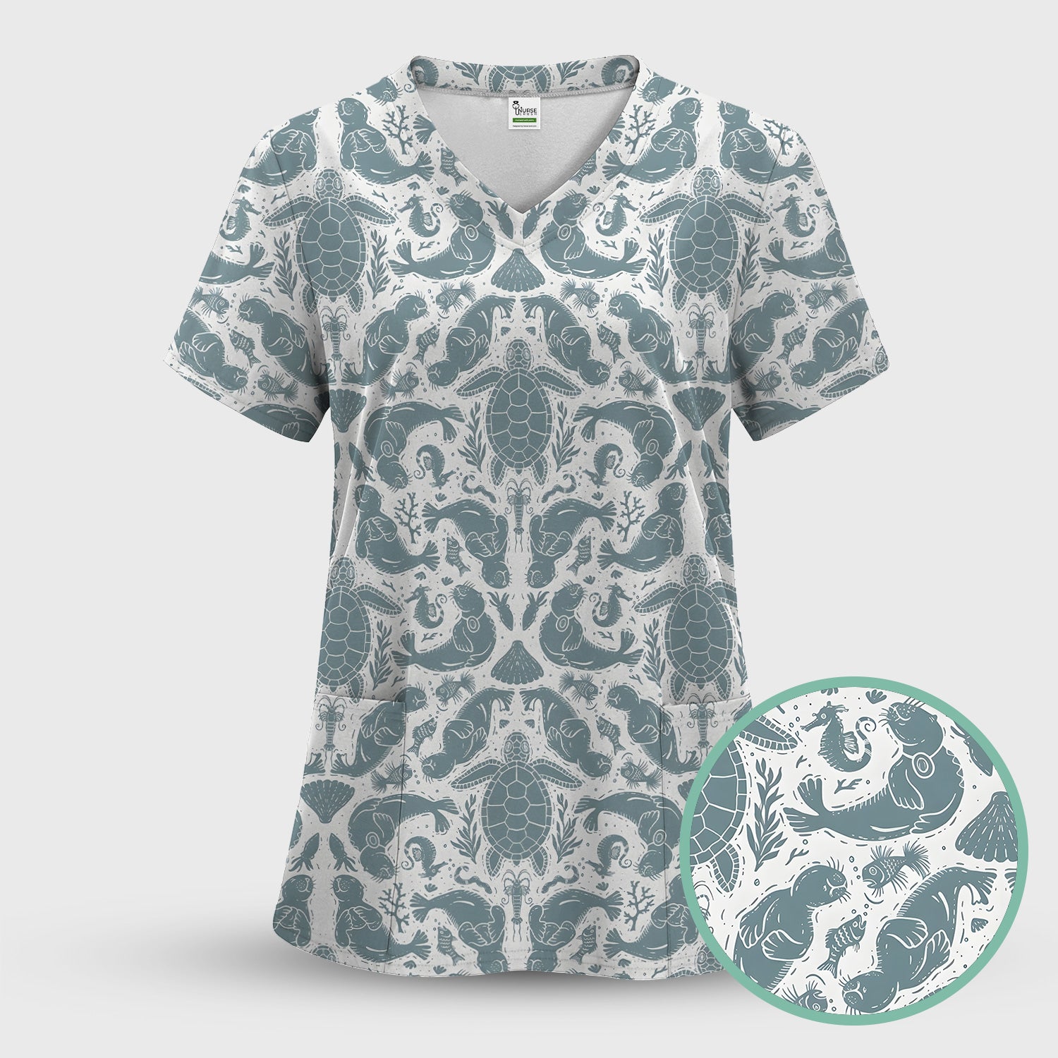 Ocean Sea Marine Life Pattern Scrub Top, Breathable Medical Scrubs