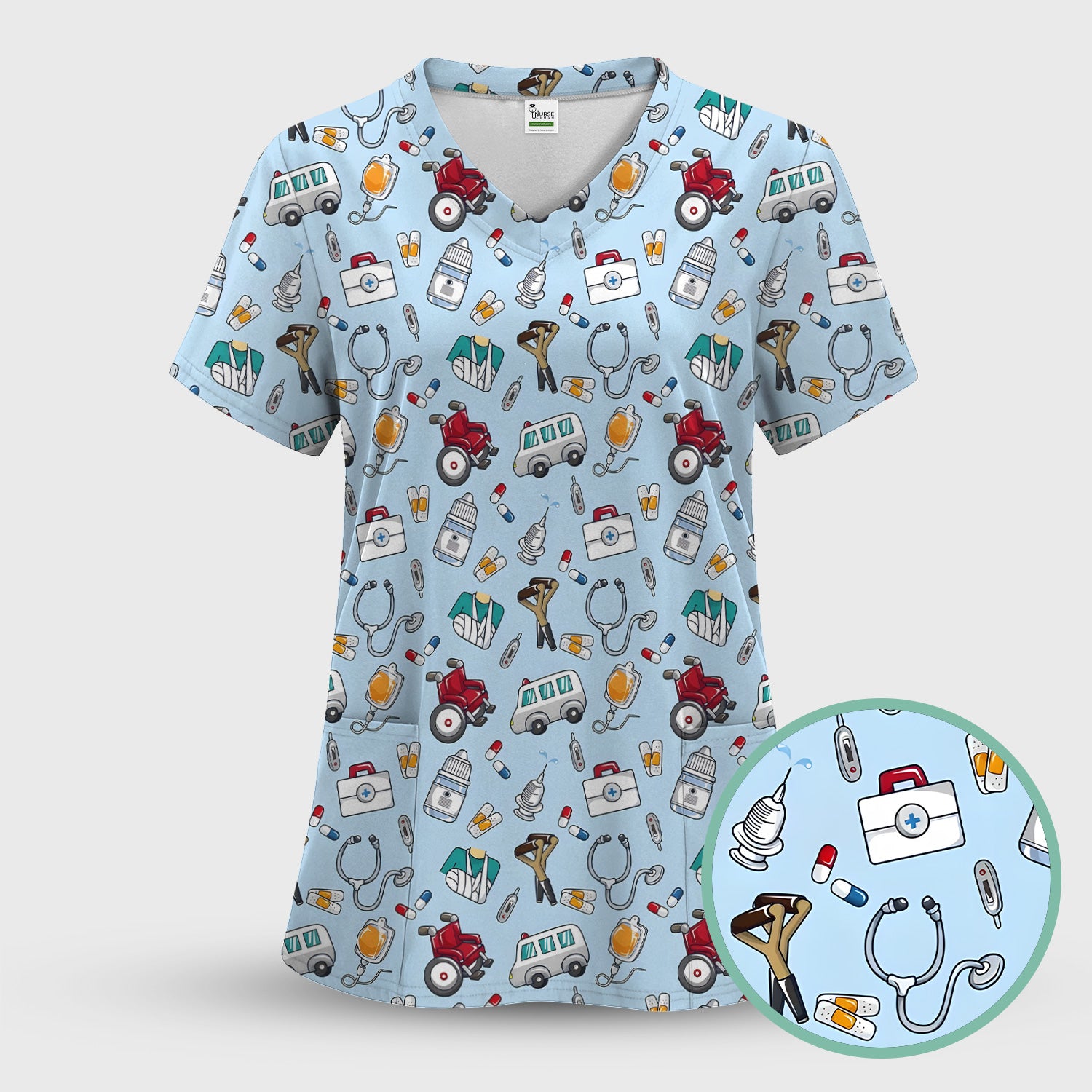 Care Medical Tools & Emergency Transport Pattern Scrub Set, Scrub Pants and V Neck Top