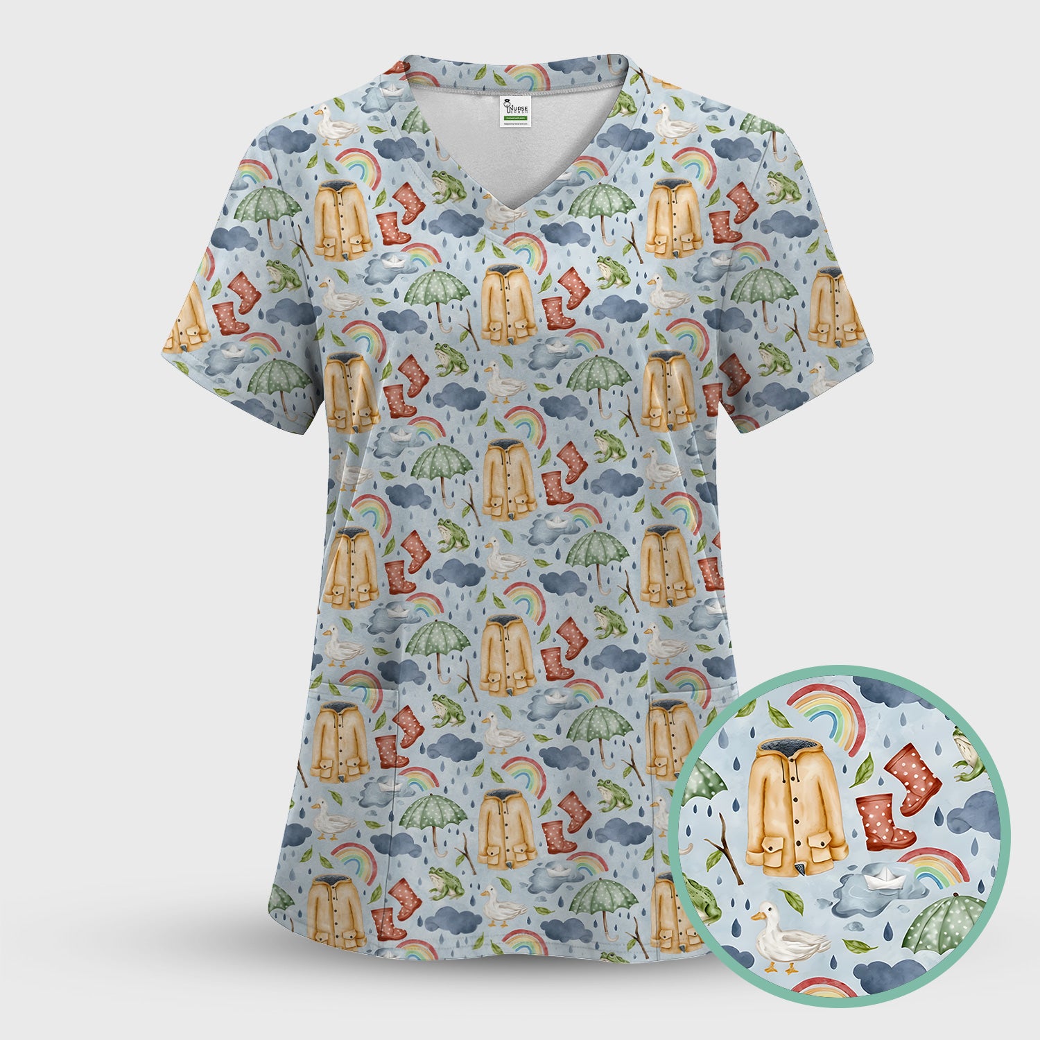 Cute Rainy Day Ducks & Frog Rainbow Pattern Scrub Top, Colorful Gothic Nurse Scrubs Uniform