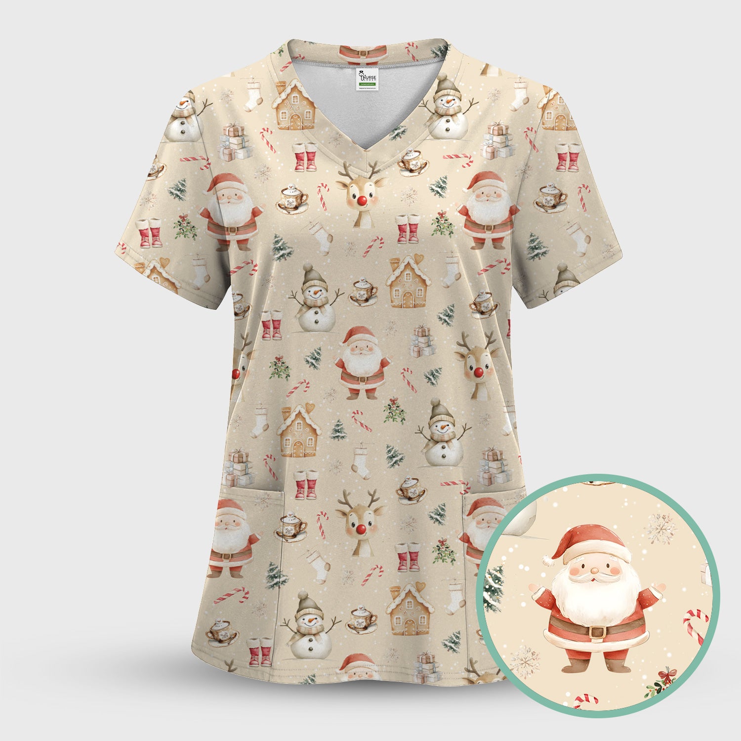 Christmas Santa Pattern  Scrub Top – Cute Medical Uniform for Nurses - Breathable Fabrics Nursing Uniform
