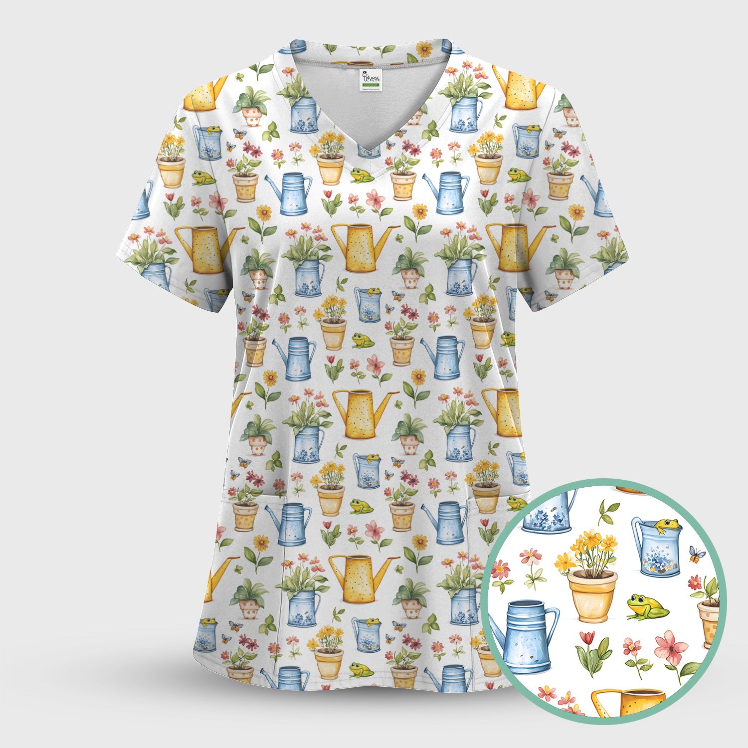Watering Can and Flower Pot Garden Scrub Set, Scrub Pants and V Neck Top