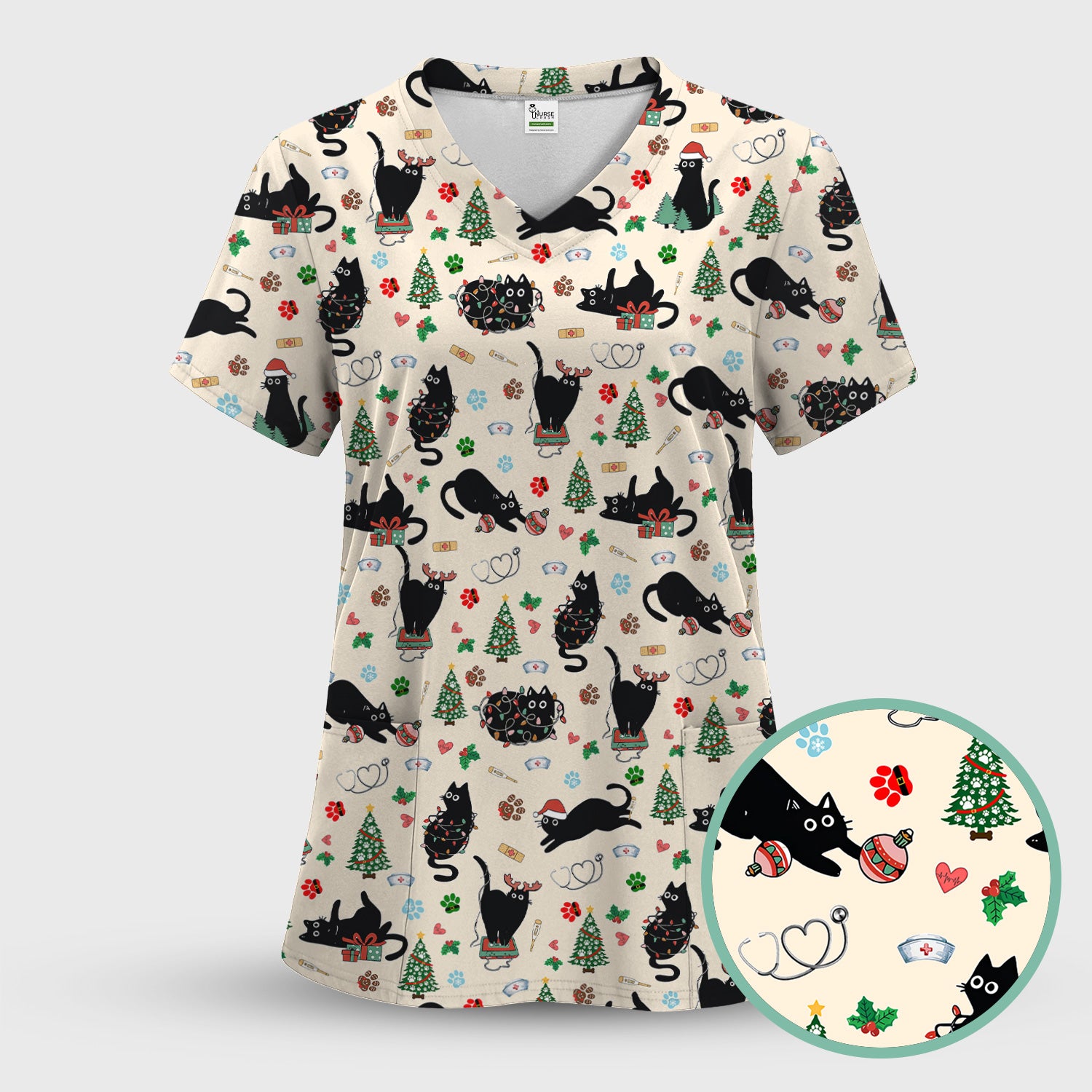 Black Cat Christmas Nurse Scrub Top, Festive Kitty Medical Uniform Shirt for Women