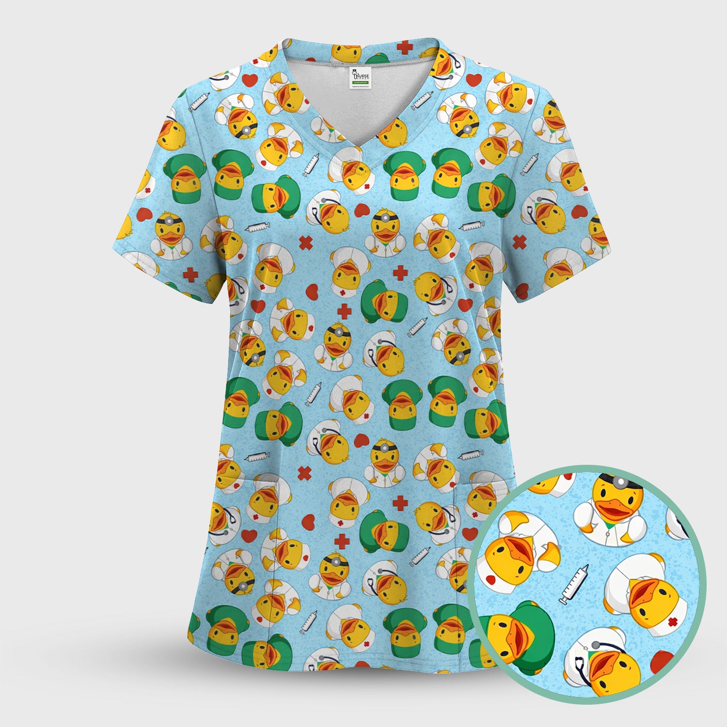Duck Doctor Cartoon Pattern Scrub Top, Comfortable Scrubs for Nurses
