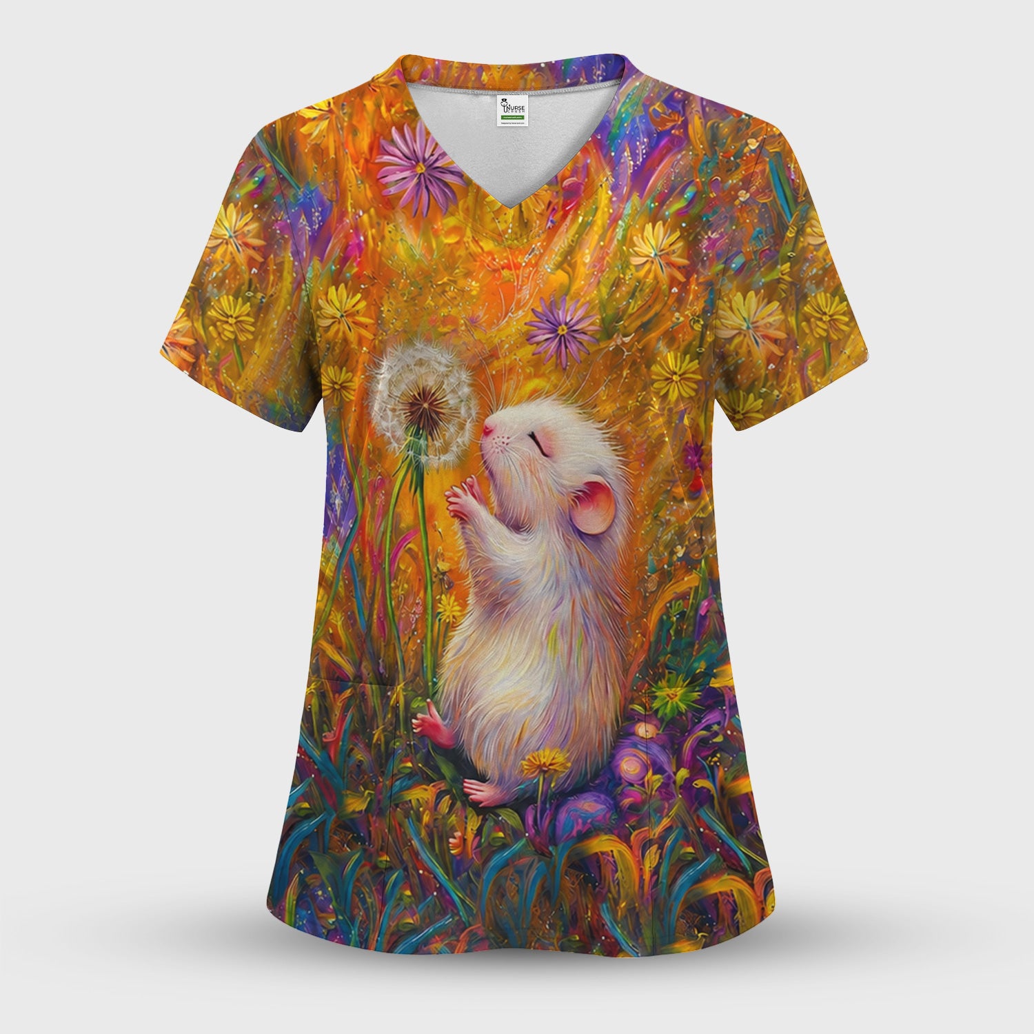 Cute Whimsical Mouse Dandelion Pattern Scrub Top, Comfortable Scrubs for Nurses