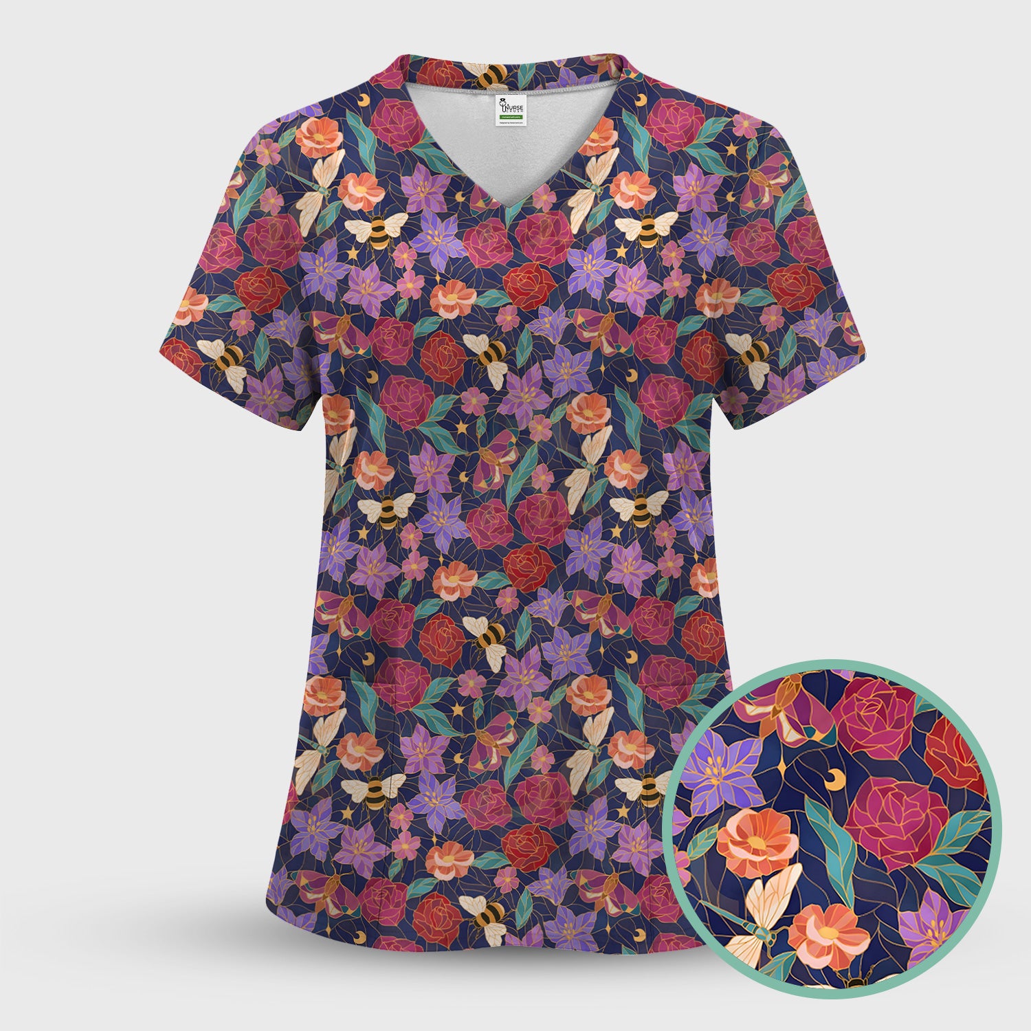 Charming Floral Garden With Bees And Dragonflies Scrub Set, Scrub Pants and V Neck Top