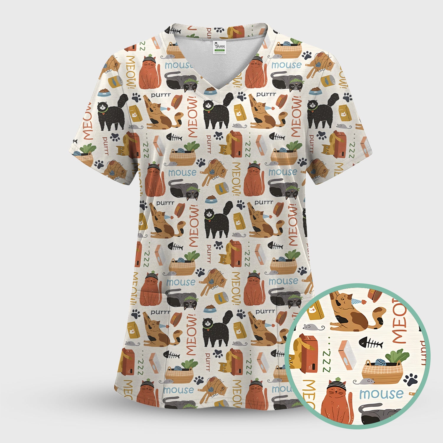Meow Purr Cat Life Print Scrub Top, Comfortable Scrubs for Nurses