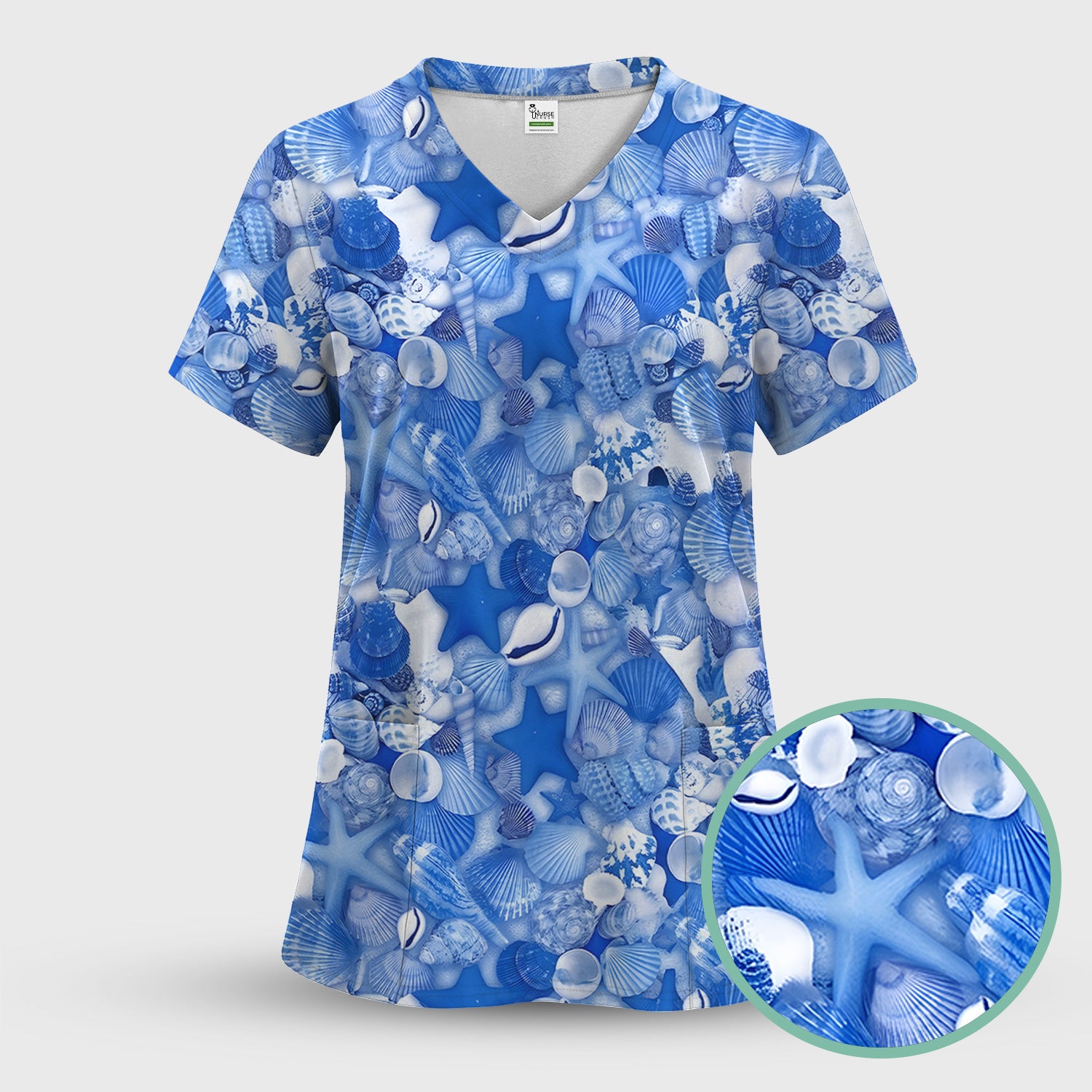 Blue Seashell Starfish Ocean Pattern Scrub Top, Comfortable Scrubs for Nurses