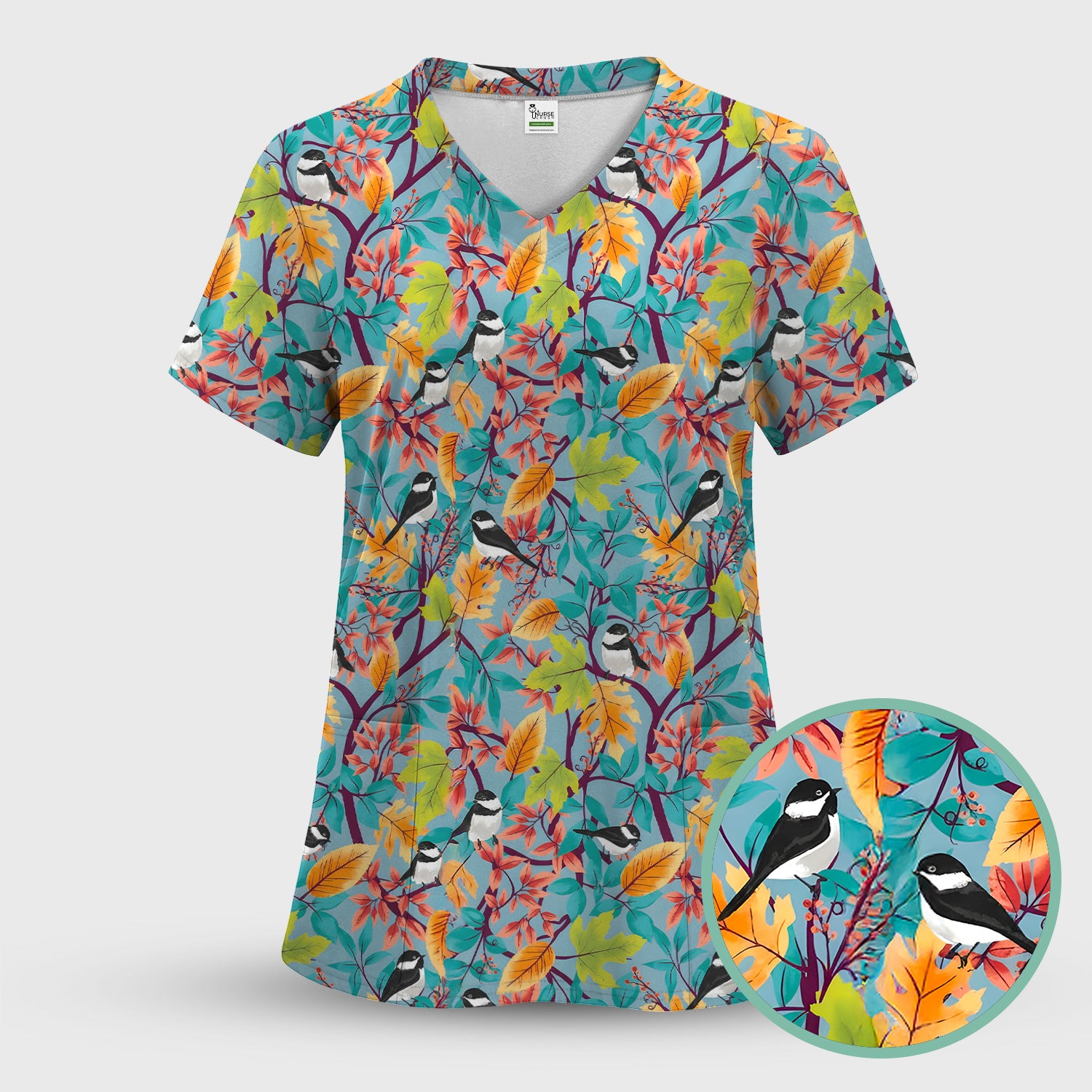 Autumn Leaf Chickadee Bird Pattern Scrub Top, Breathable Fabrics Nursing Uniform