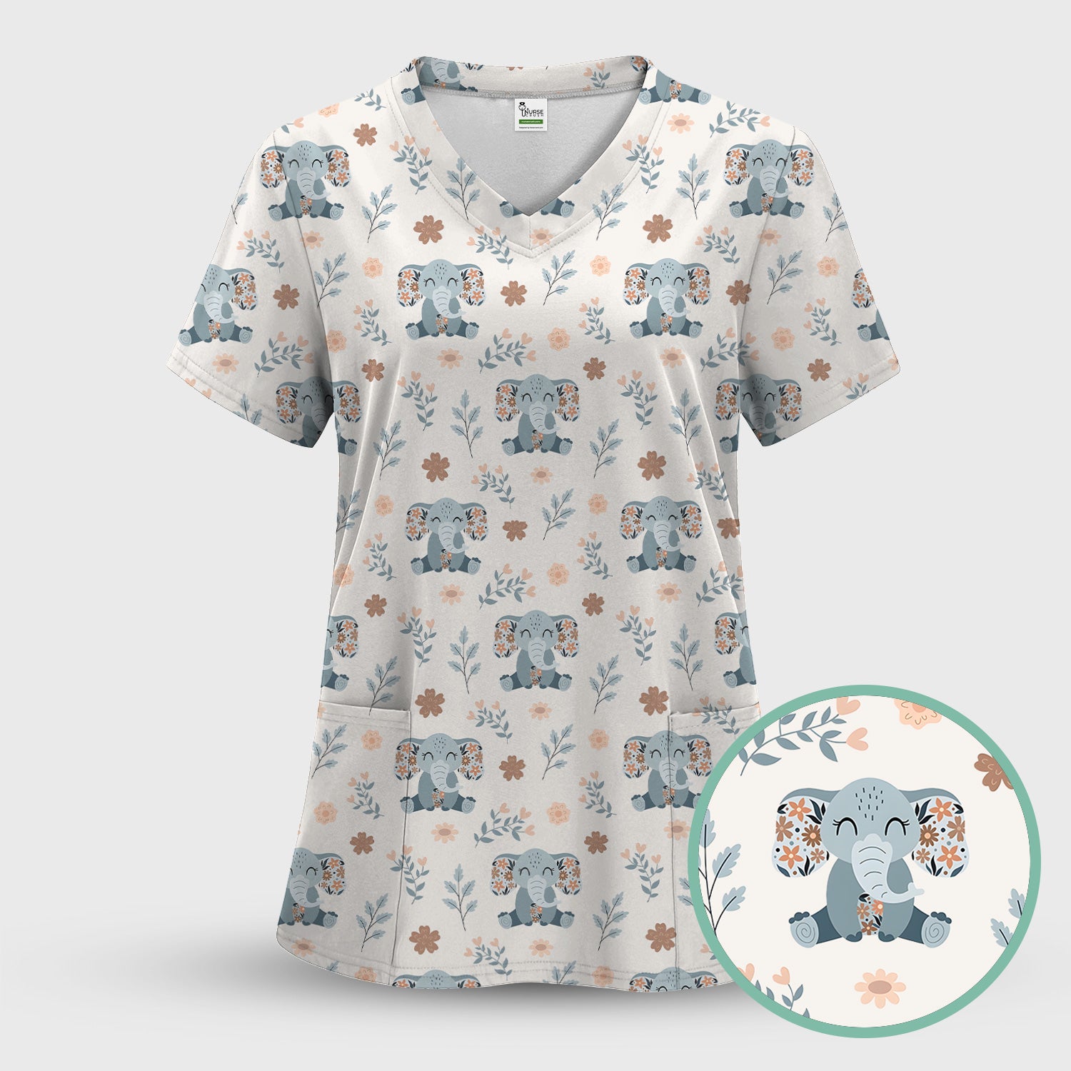 Cute Elephant Floral Print Scrub Top, Comfortable Scrubs for Nurses