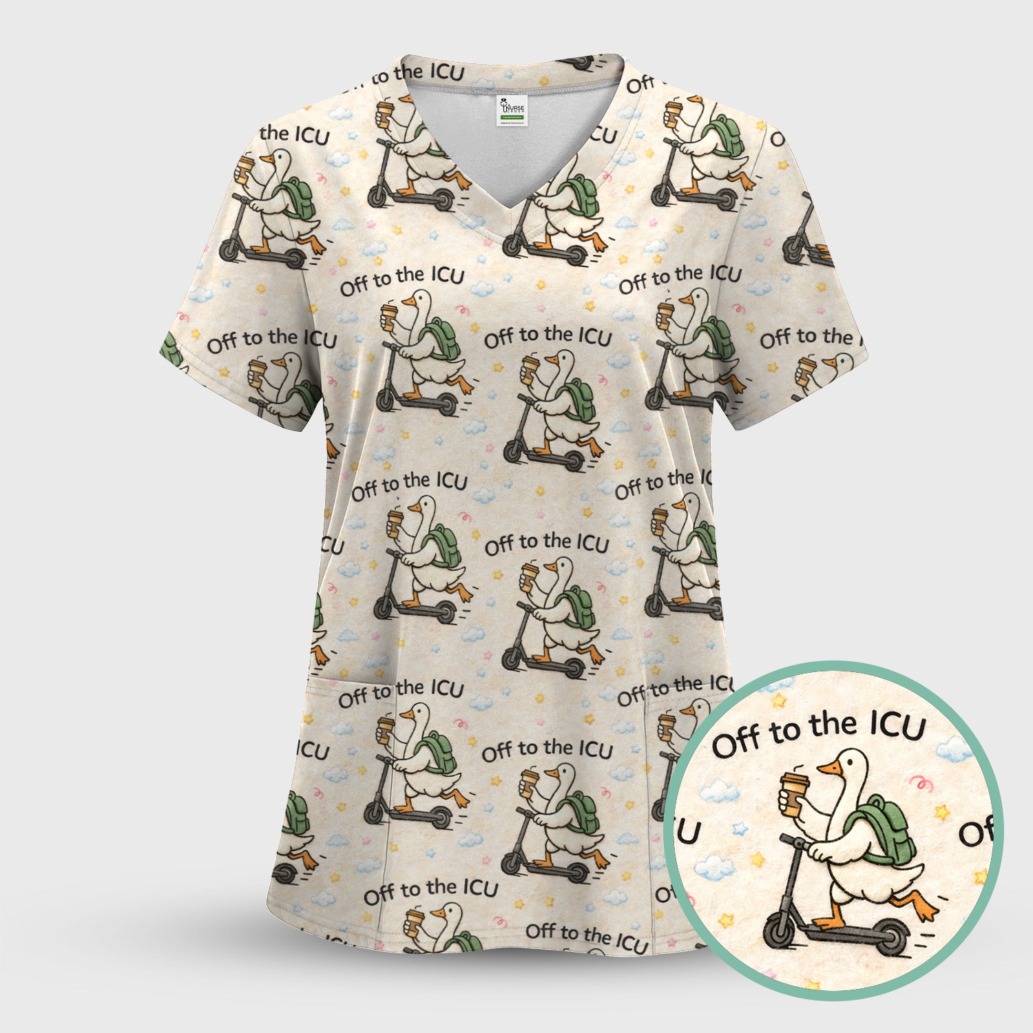 Funny Goose Off To The ICU Pattern Scrubs Top, Breathable Fabrics Nursing Uniform