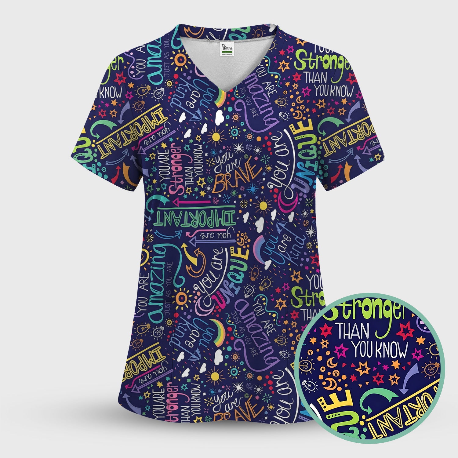 Inspirational Quote Pattern Scrub Set, Scrub Pants and V Neck Top