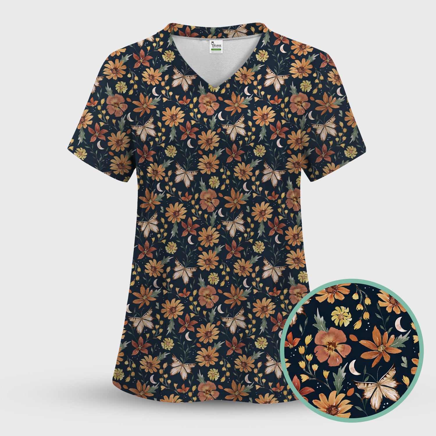 Charming Autumn Floral Butterfly Moon Pattern Scrub Set, Scrub Pants and V Neck Top