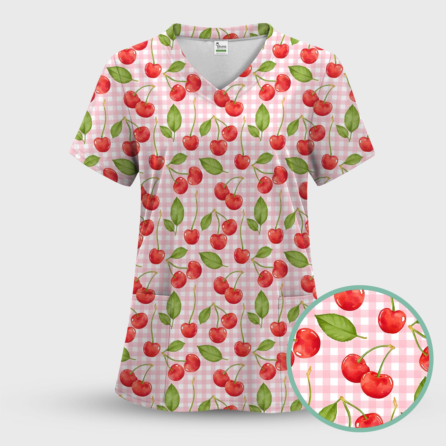Sweet Red Cherry Gingham Pattern Scrub Set, Scrub Pants and V Neck Top