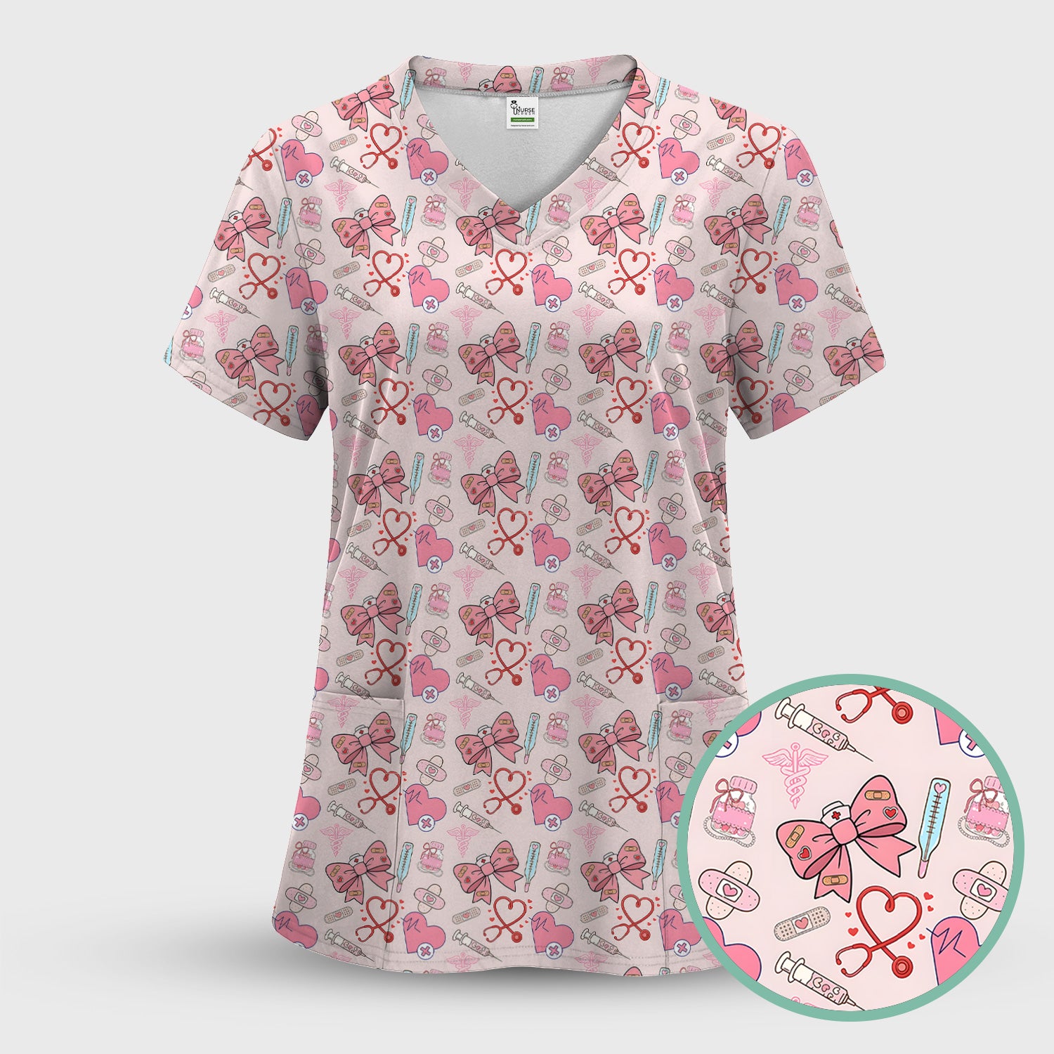 Pink Nurse Bow Heart Print Scrub Set, Scrub Pants and V Neck Top