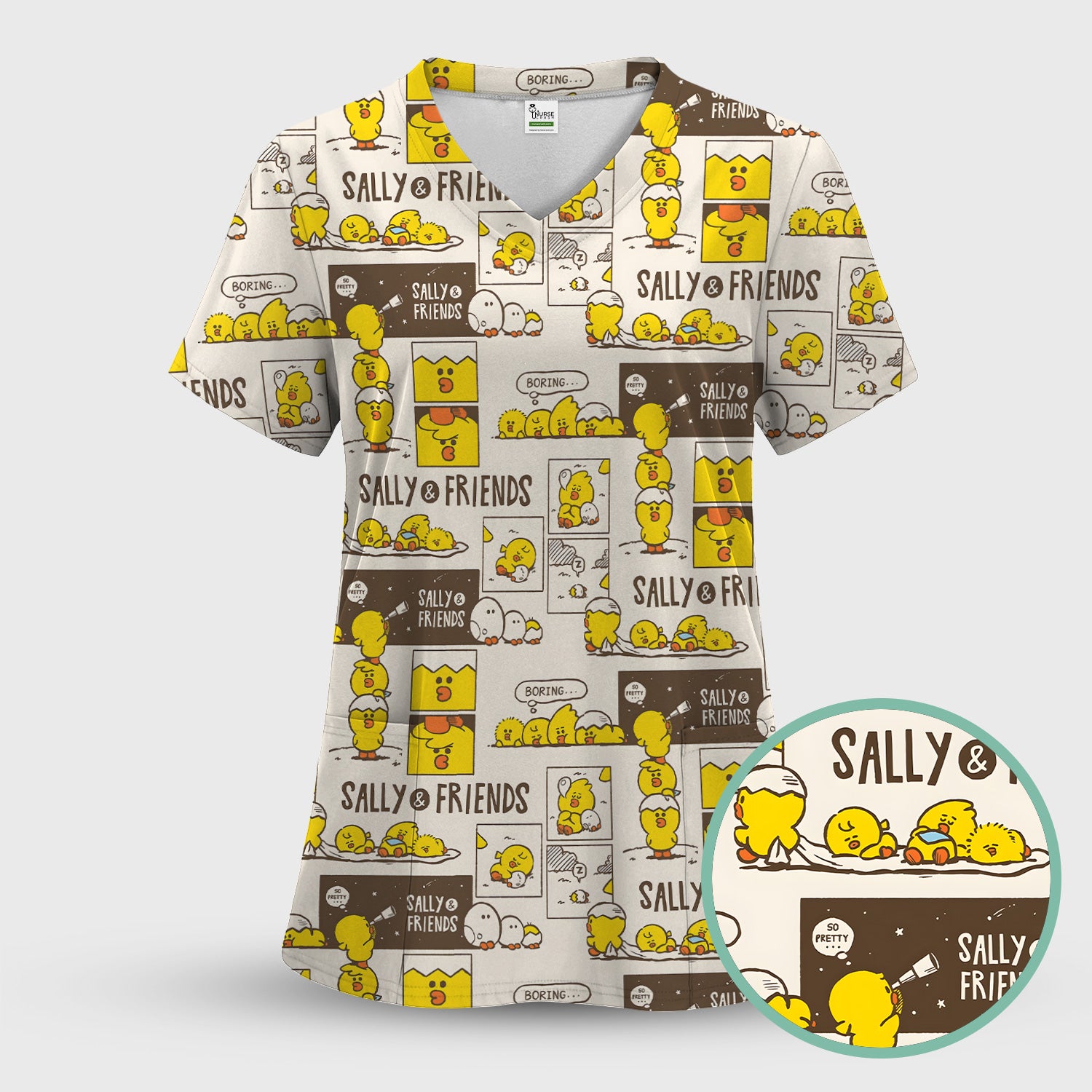 Cute Cartoon Chick Comic Pattern Scrub Set, Scrub Pants and V Neck Top