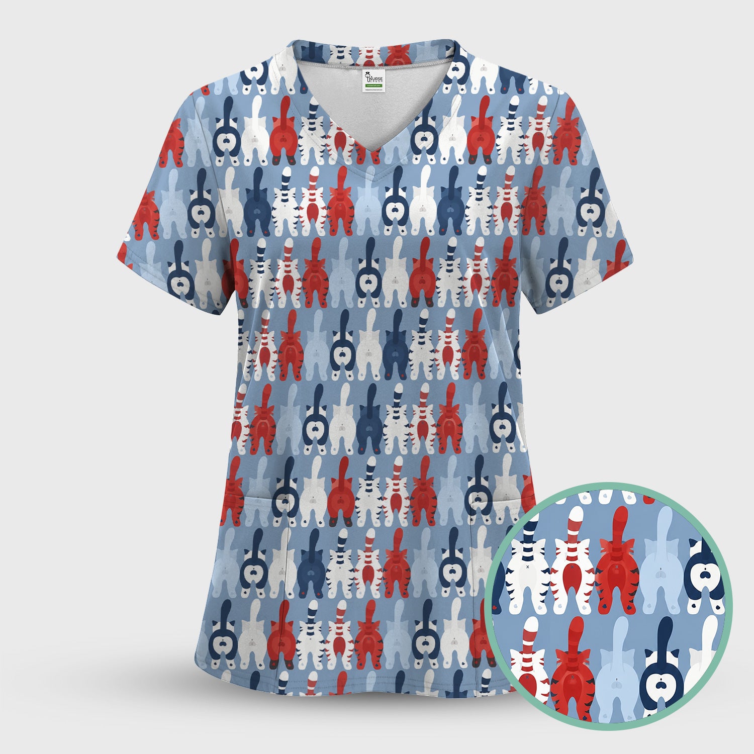 Colorful Patriotic Cat Tail Pattern Scrub Set, Scrub Pants and V Neck Top