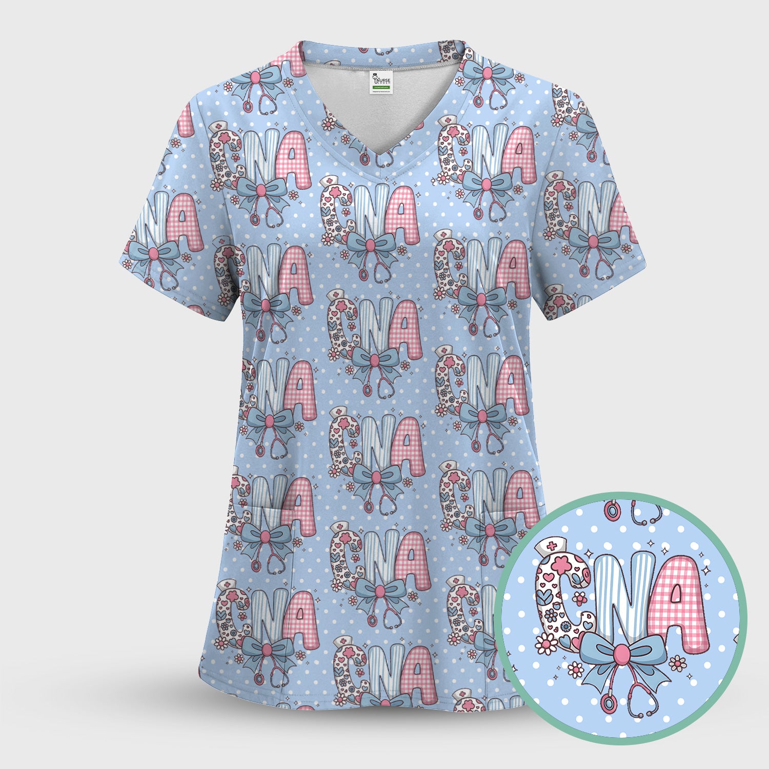 Cute CNA Floral Bow Pattern Scrub Top, Breathable Fabrics Nursing Uniform