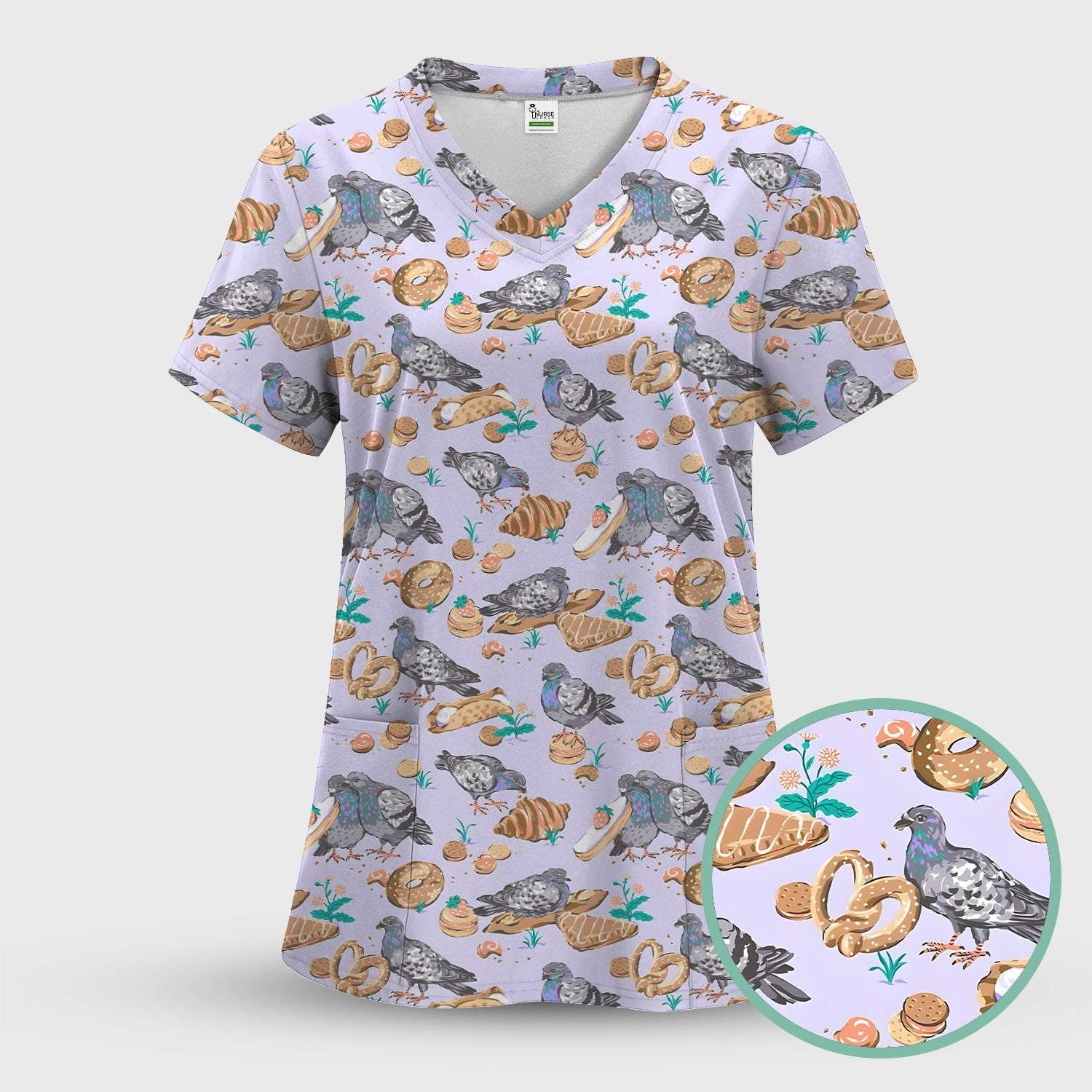 Funny Pigeon Bread Snack Nurse Pattern Scrub Set, Scrub Pants and V Neck Top