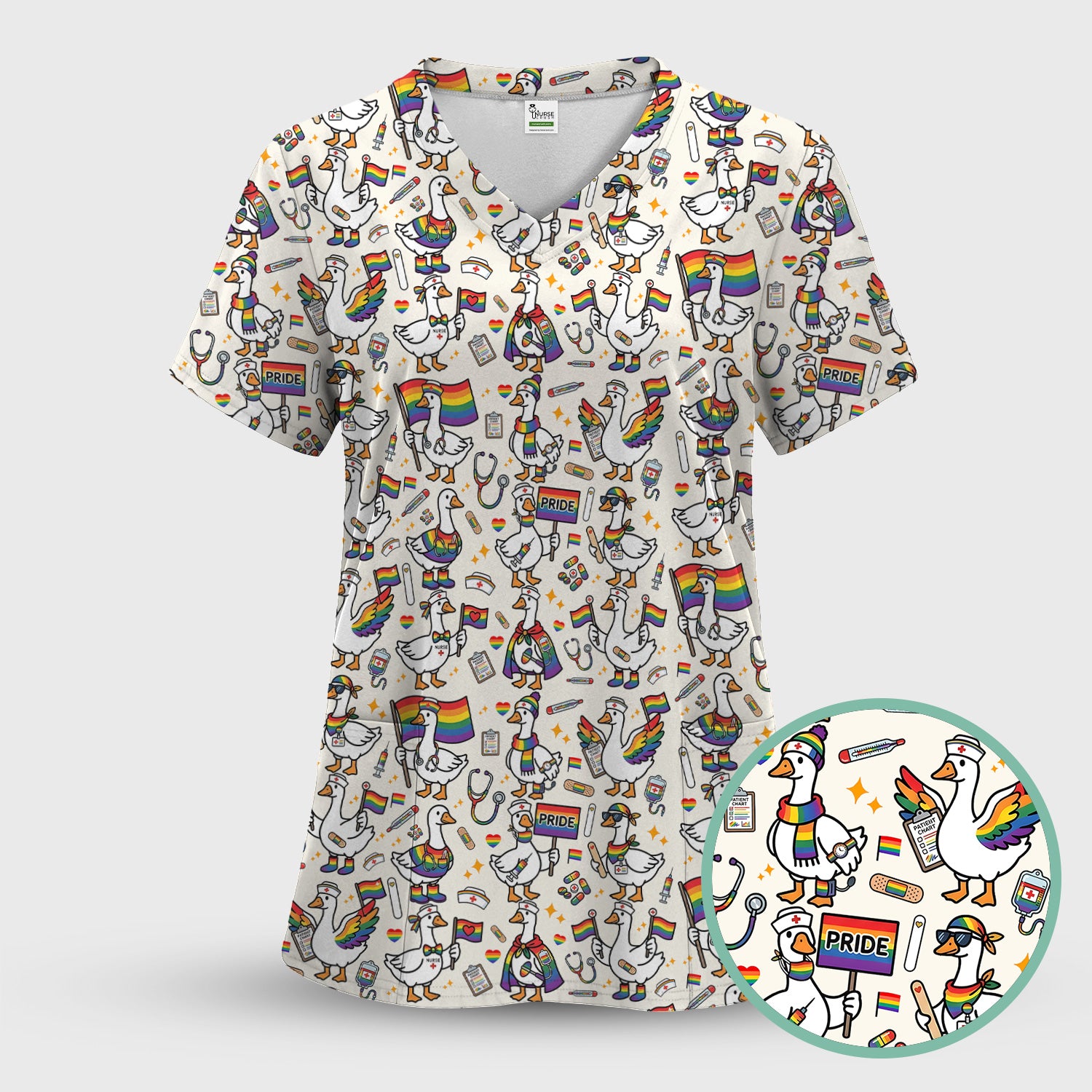 LGBT Pride Nurse Duck Pattern Scrub Top, Breathable Fabrics Nursing Uniform