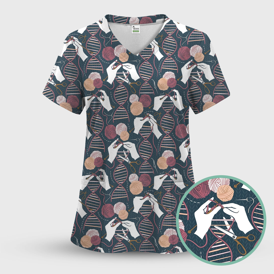 DNA Helix Yarn Pattern Scrub Set, Scrub Pants and V Neck Top