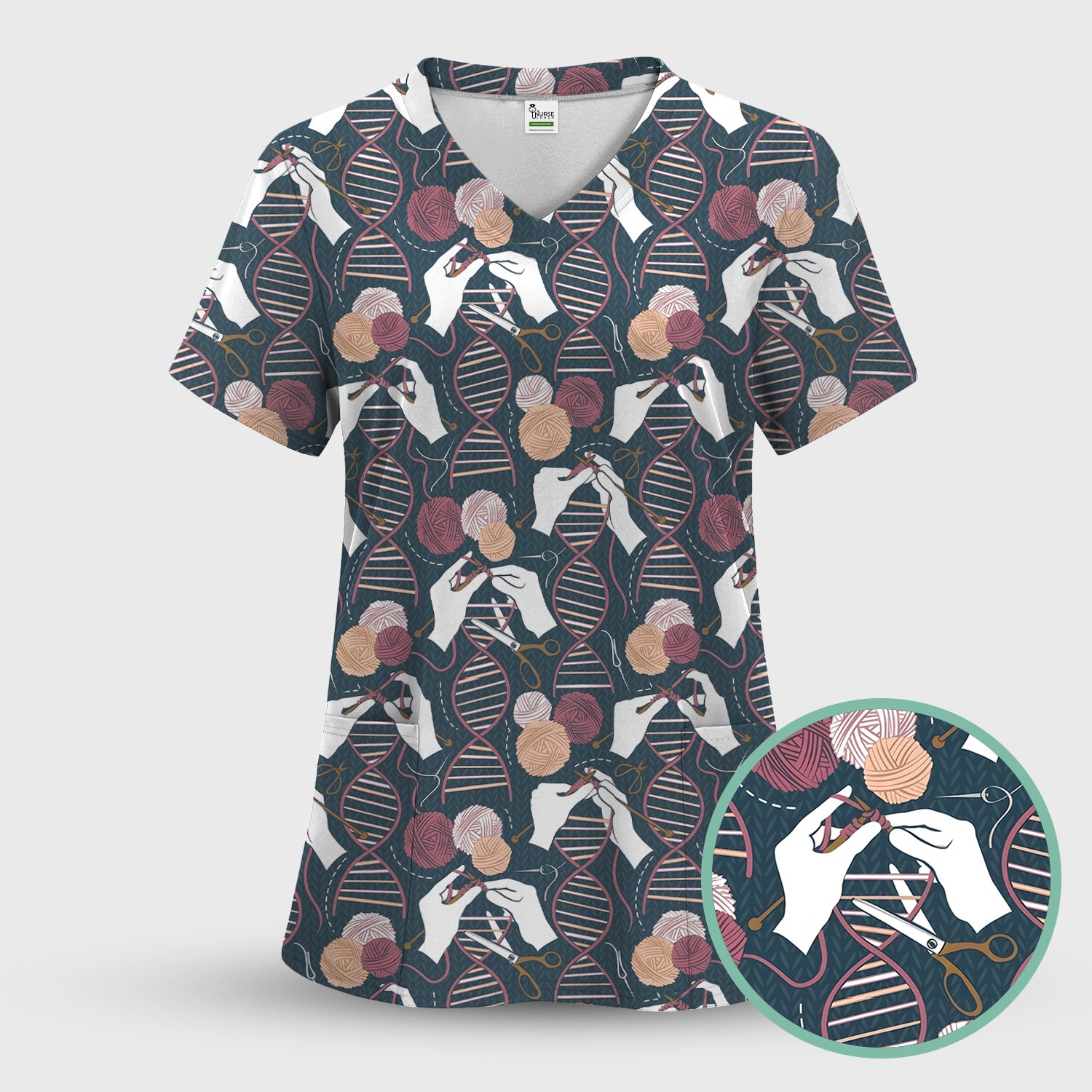 DNA Helix Yarn Pattern Scrub Set, Scrub Pants and V Neck Top