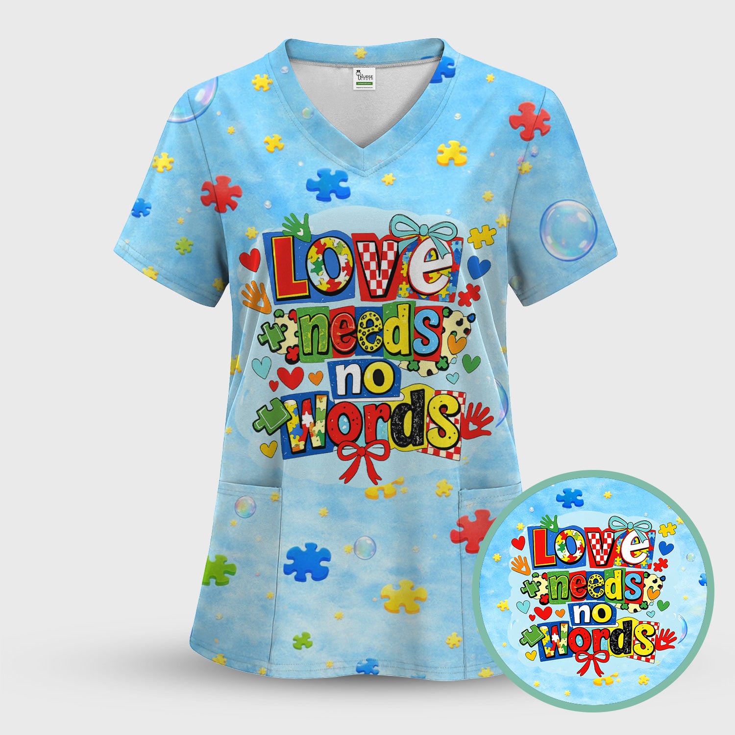 Autism Awareness Nurse Puzzle Love Needs No Words Pattern Scrub Set, Scrub Pants and V Neck Top