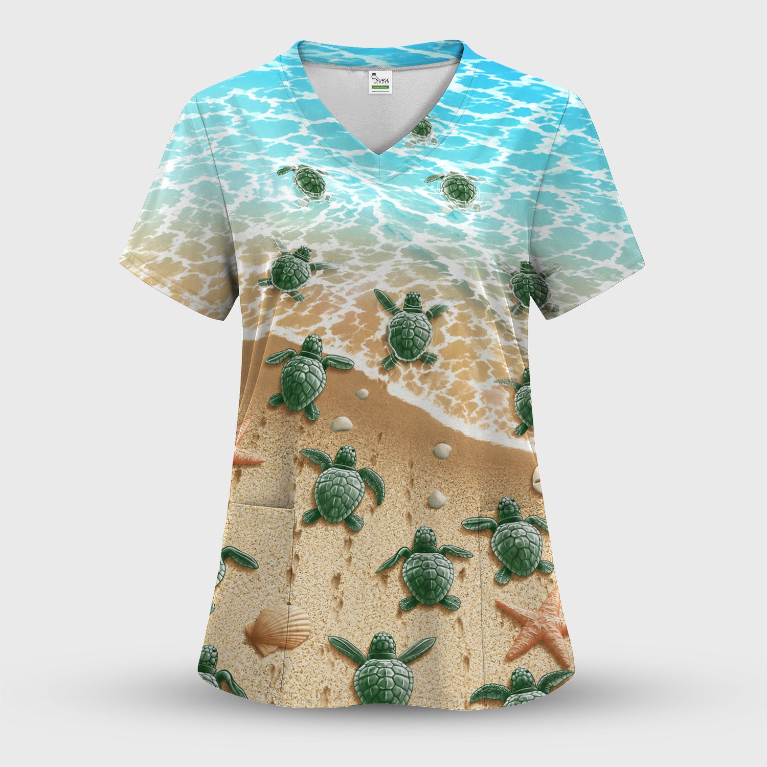 Coastal Sea Turtle Beach Pattern Scrub Top, Comfortable Scrubs for Nurses